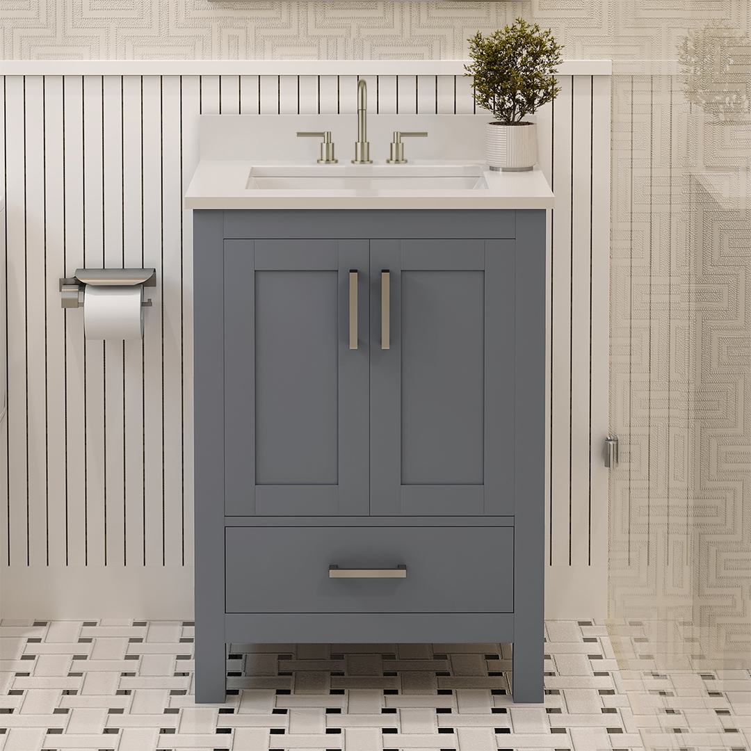 Rooh 24 Inch Solid Wood Bathroom Vanity with Undermount single Rectangle sink & White Quartz countertop 0.75 inch edge in white