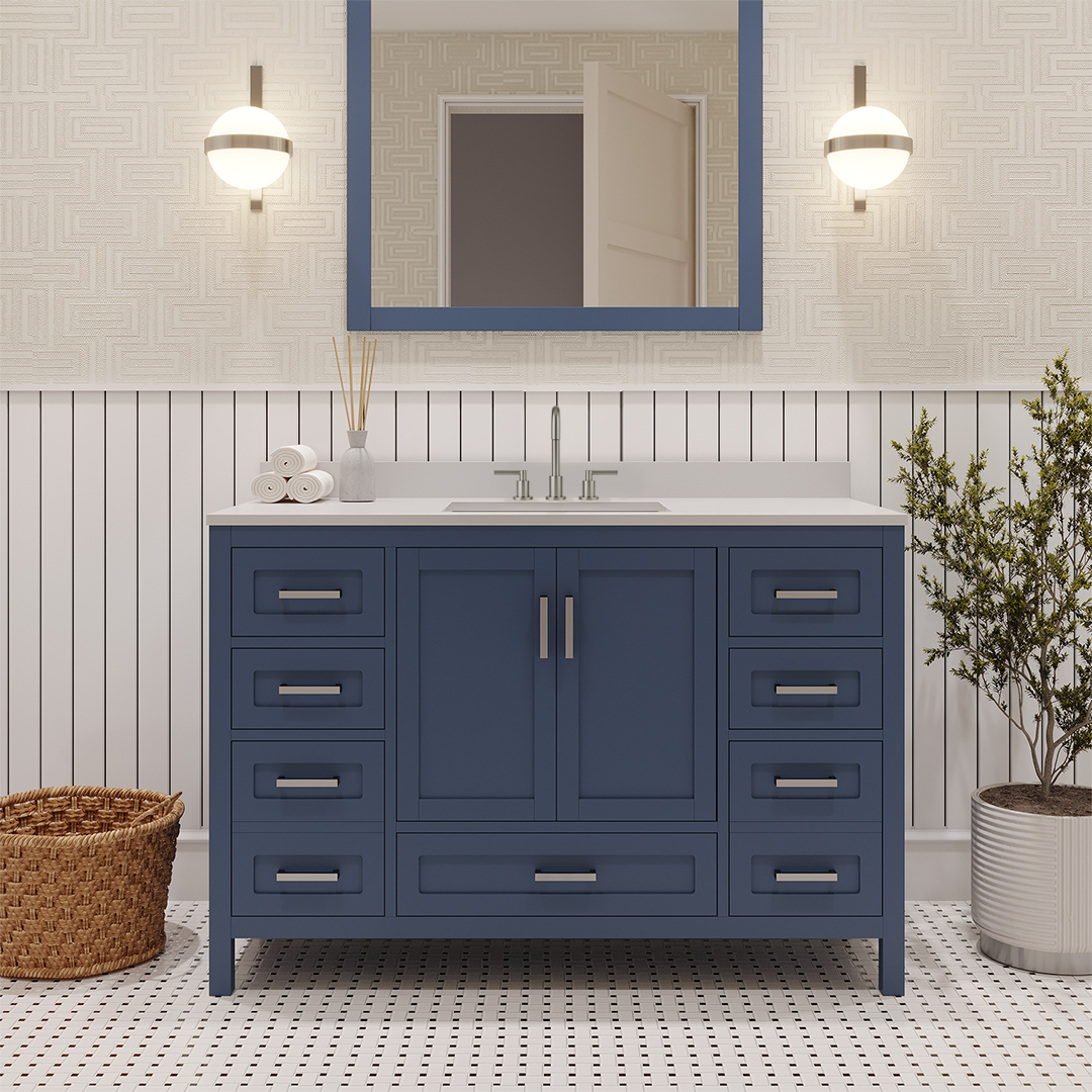 Rooh 48 Inch Solid Wood Bathroom Vanity with Undermount single Rectangle sink & White Quartz countertop 0.75 inch edge in white