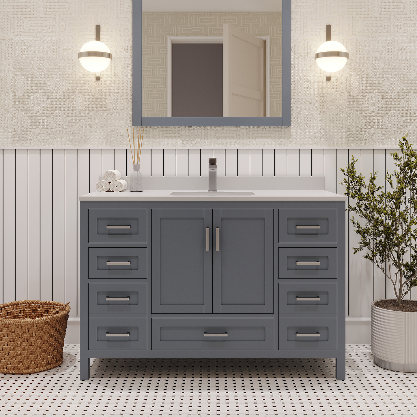 Rooh 48 Inch Solid Wood Bathroom Vanity with Undermount single Rectangle sink & White Quartz countertop 0.75 inch edge in white