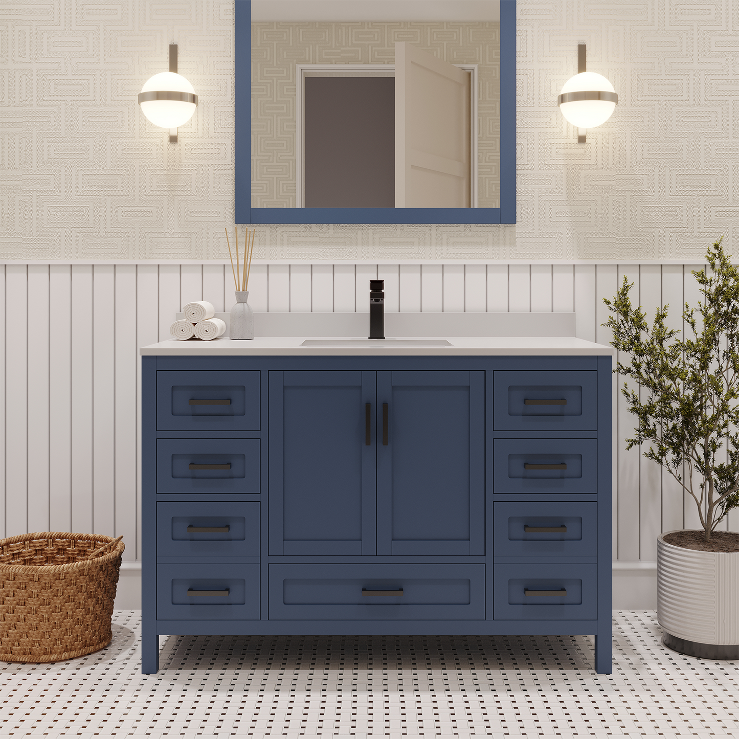 Rooh 48 Inch Solid Wood Bathroom Vanity with Undermount single Rectangle sink & White Quartz countertop 0.75 inch edge in white