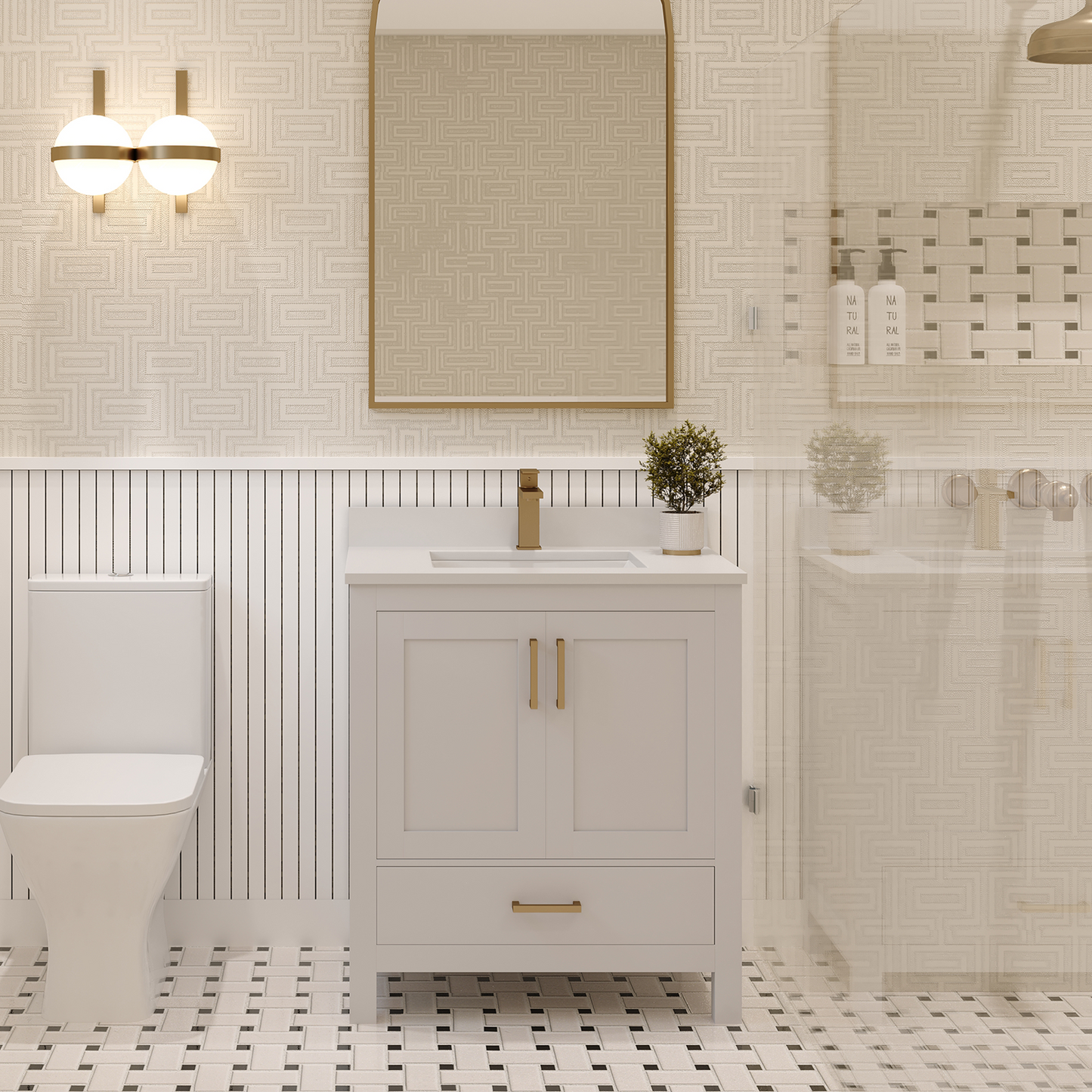 Rooh 30 Inch Solid Wood Bathroom Vanity with Undermount single Rectangle sink & White Quartz countertop 0.75 inch edge in white