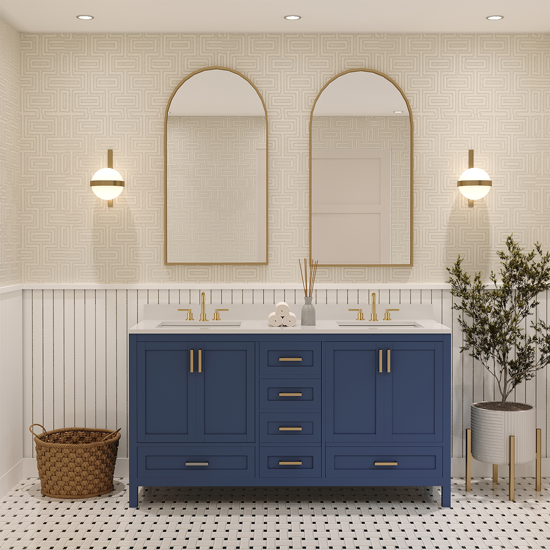 Rooh 60 Inch Solid Wood Bathroom Vanity with Undermount double Rectangle sinks & White Quartz countertop 0.75 inch edge in white