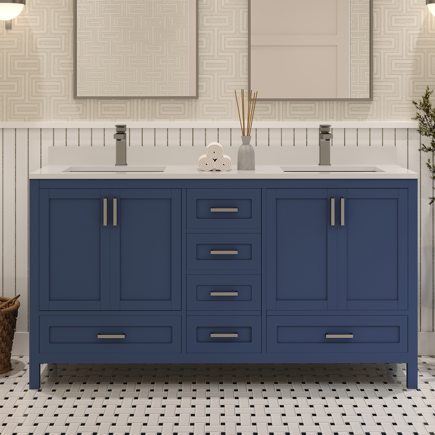 Rooh 60 Inch Solid Wood Bathroom Vanity with Undermount double Rectangle sinks & White Quartz countertop 0.75 inch edge in white