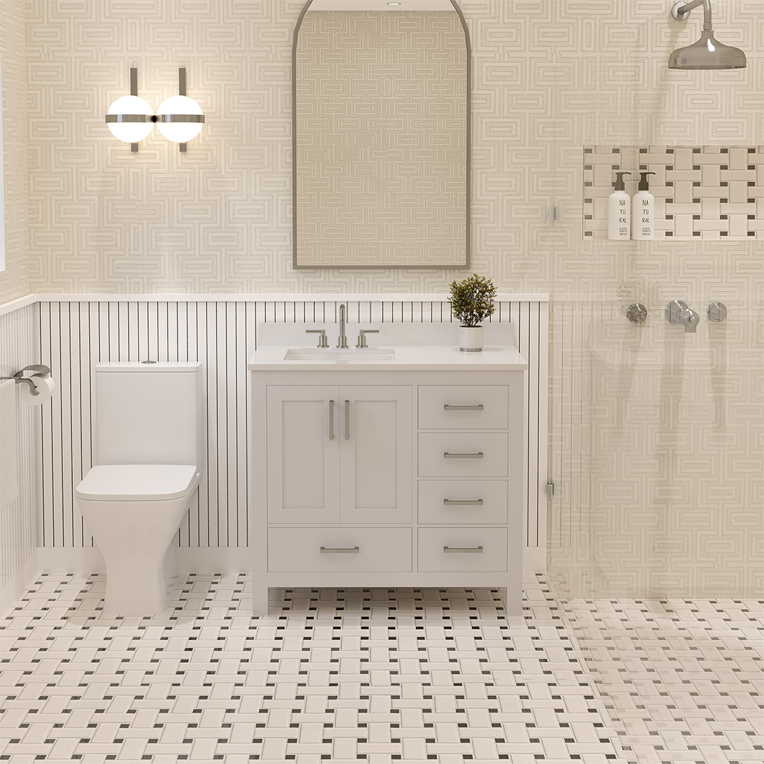 Rooh 36 Inch Left Solid Wood Single Bathroom Vanity with Undermount single Rectangle sink & White Quartz countertop 0.75 inch edge in white