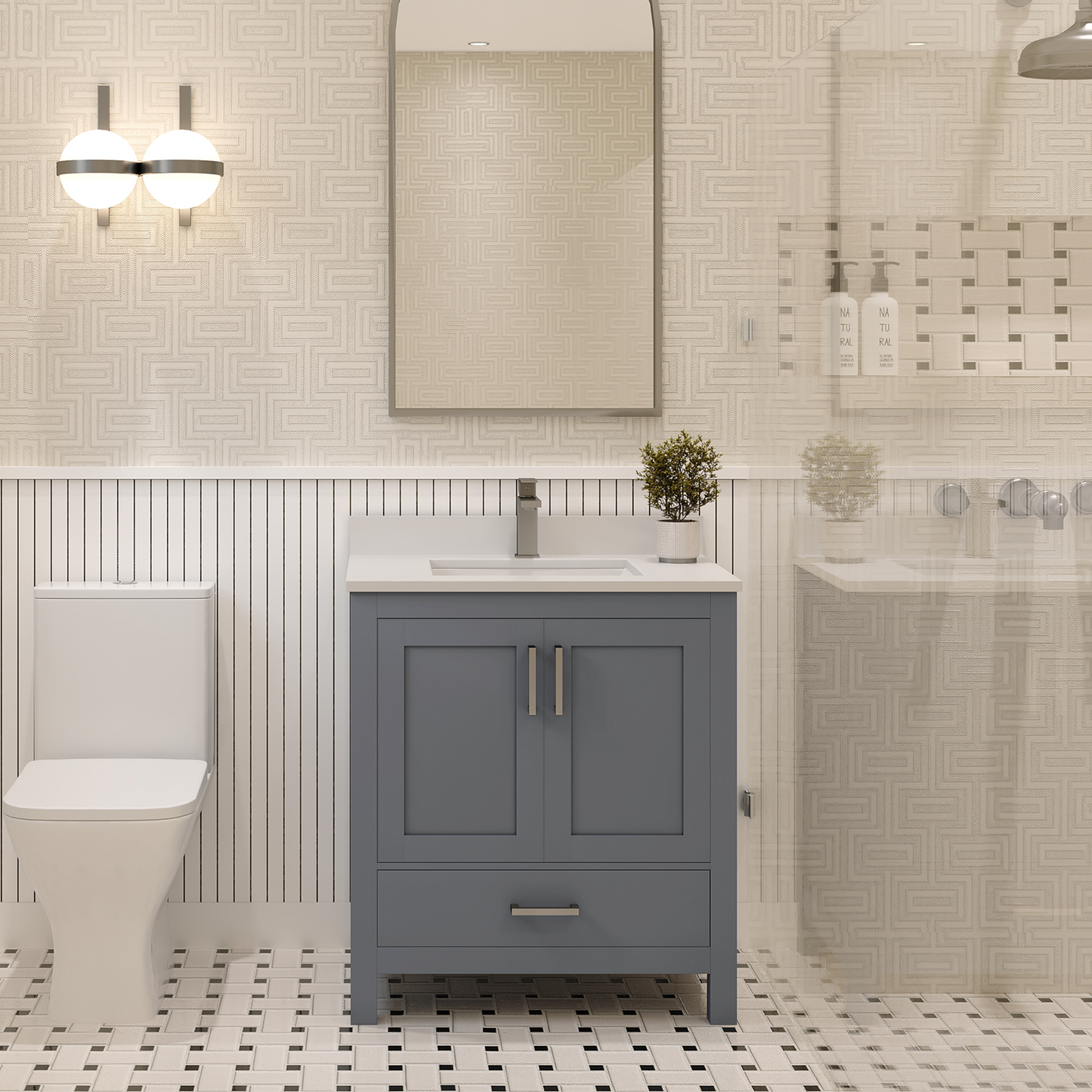 Rooh 30 Inch Solid Wood Bathroom Vanity with Undermount single Rectangle sink & White Quartz countertop 0.75 inch edge in white