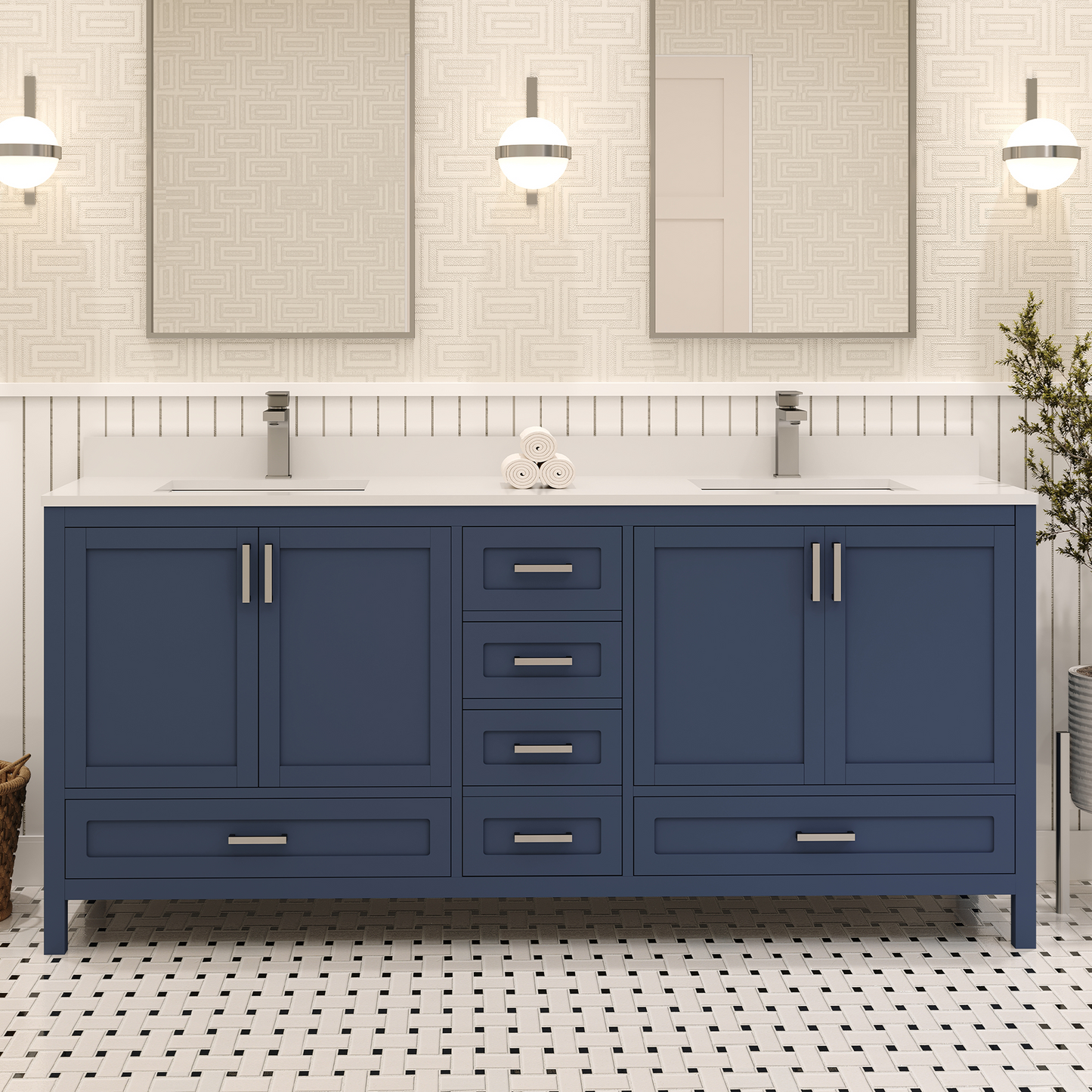 Rooh 72 Inch Solid Wood Bathroom Vanity with Undermount double Rectangle sinks & White Quartz countertop 0.75 inch edge in white