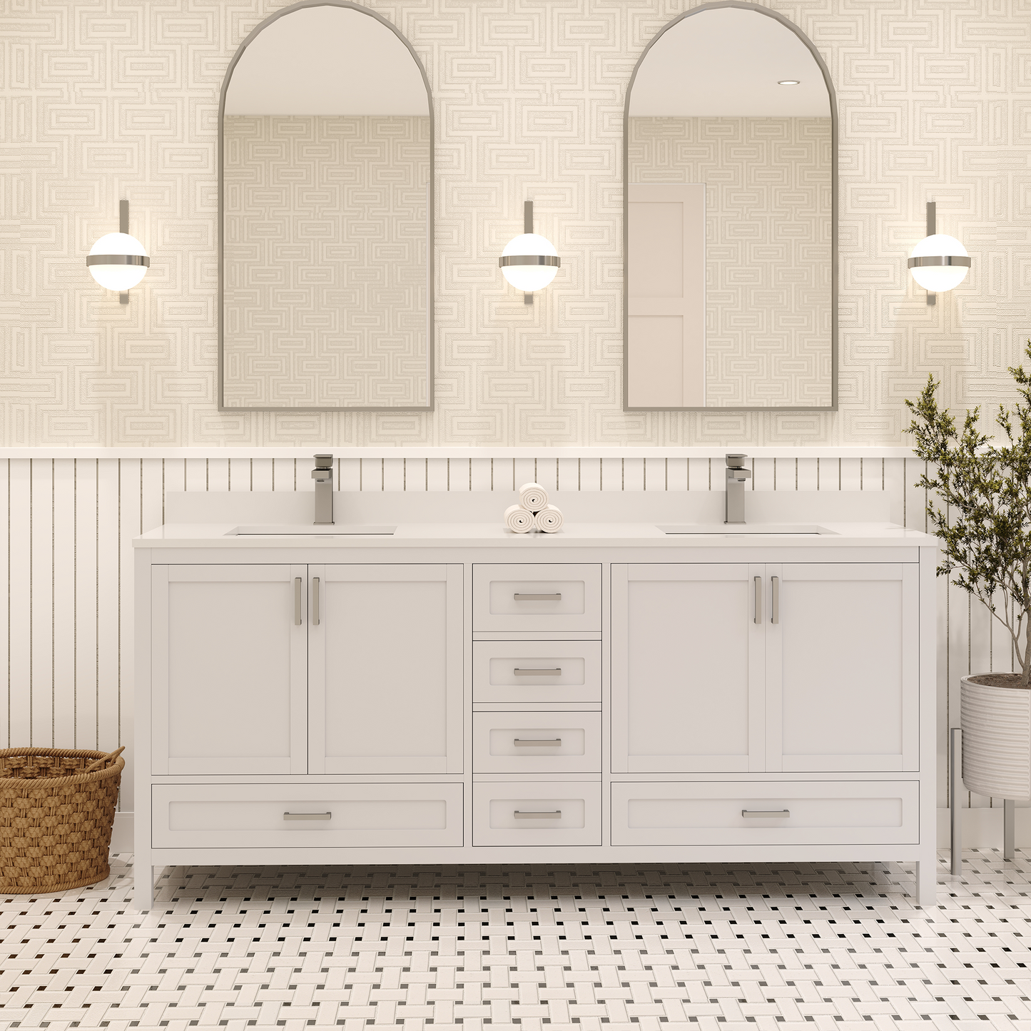 Rooh 72 Inch Solid Wood Bathroom Vanity with Undermount double Rectangle sinks & White Quartz countertop 0.75 inch edge in white