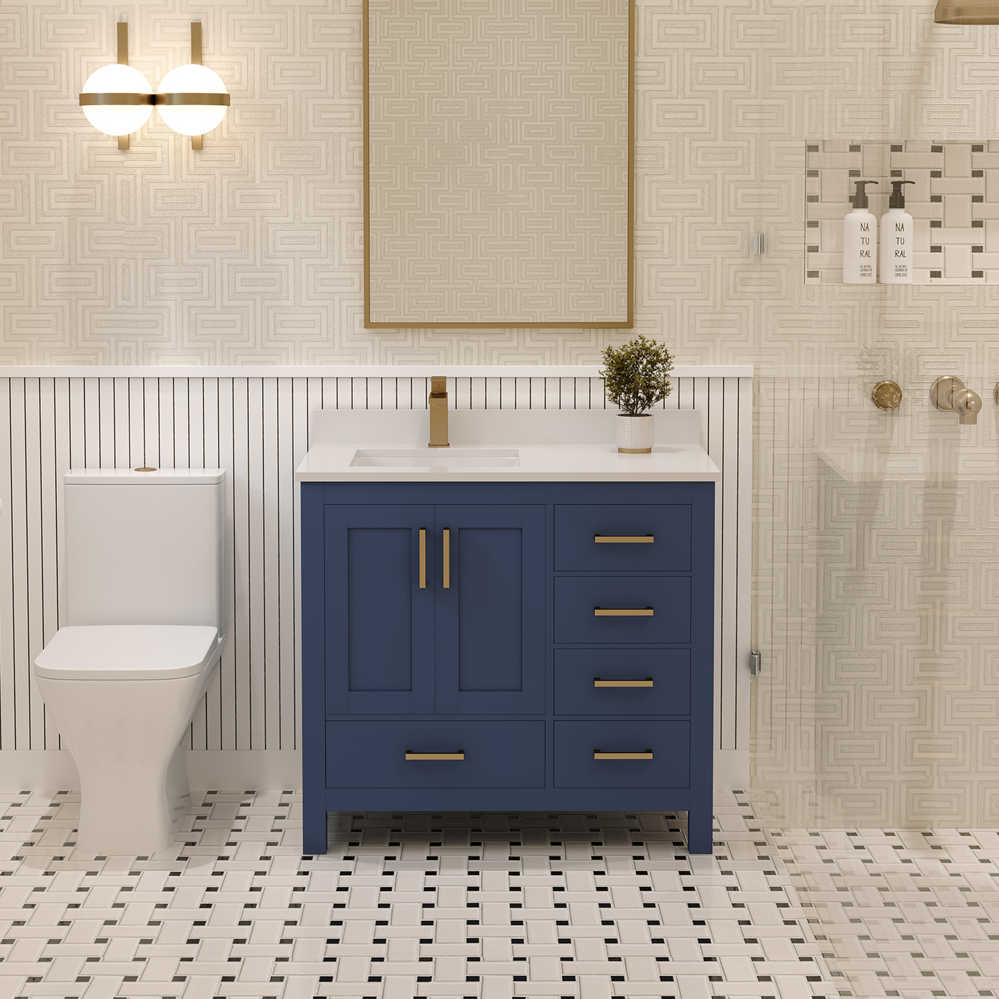 Rooh 36 Inch Left Solid Wood Single Bathroom Vanity with Undermount single Rectangle sink & White Quartz countertop 0.75 inch edge in white