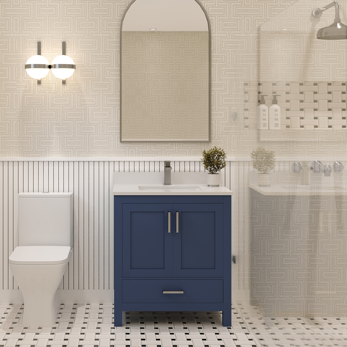 Rooh 30 Inch Solid Wood Bathroom Vanity with Undermount single Rectangle sink & White Quartz countertop 0.75 inch edge in white