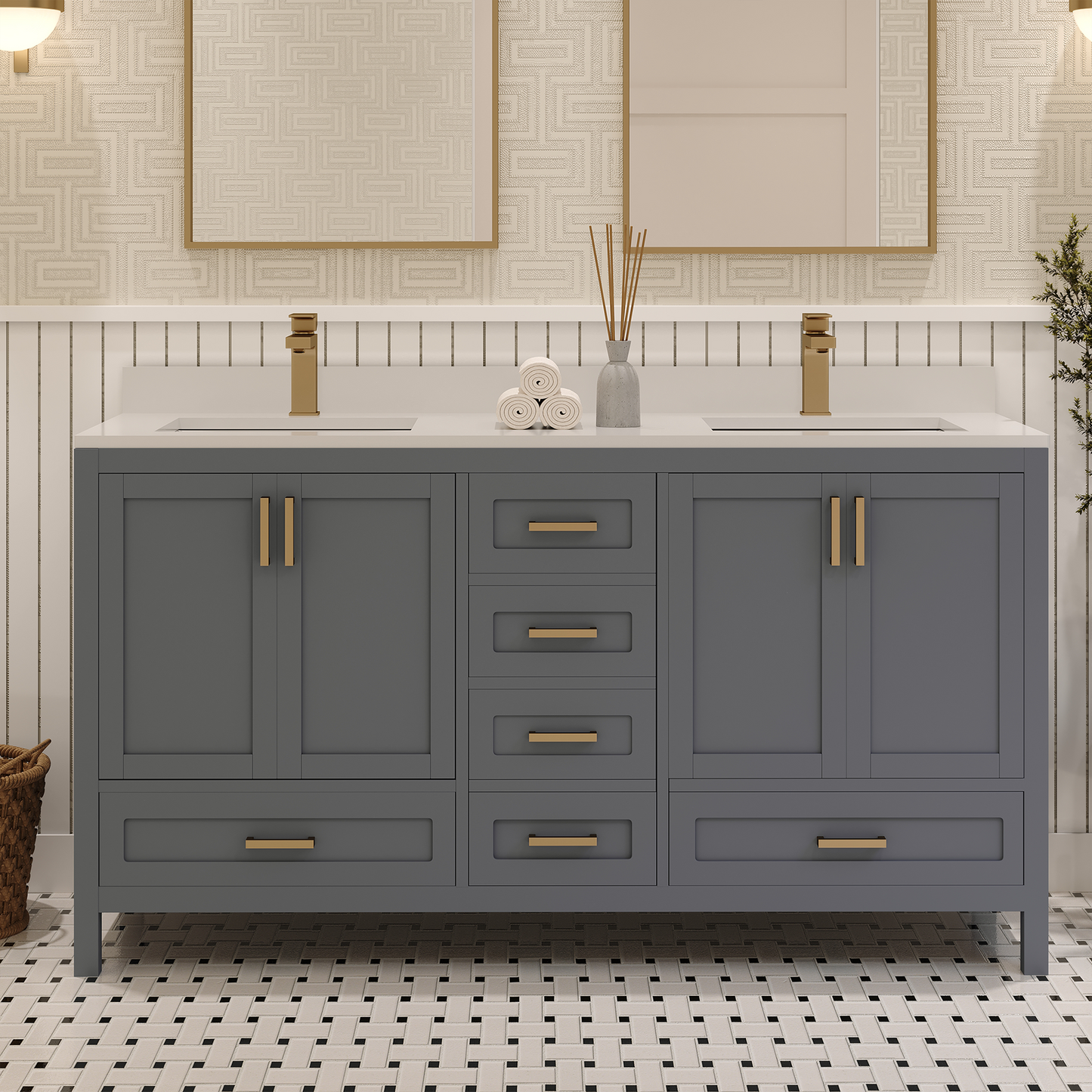 Rooh 60 Inch Solid Wood Bathroom Vanity with Undermount double Rectangle sinks & White Quartz countertop 0.75 inch edge in white