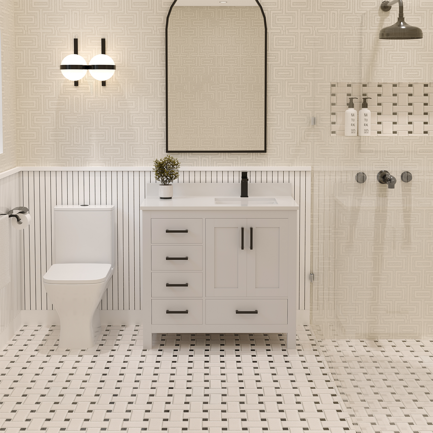Rooh 36 Inch Right Solid Wood Single Bathroom Vanity with Quartz Countertop