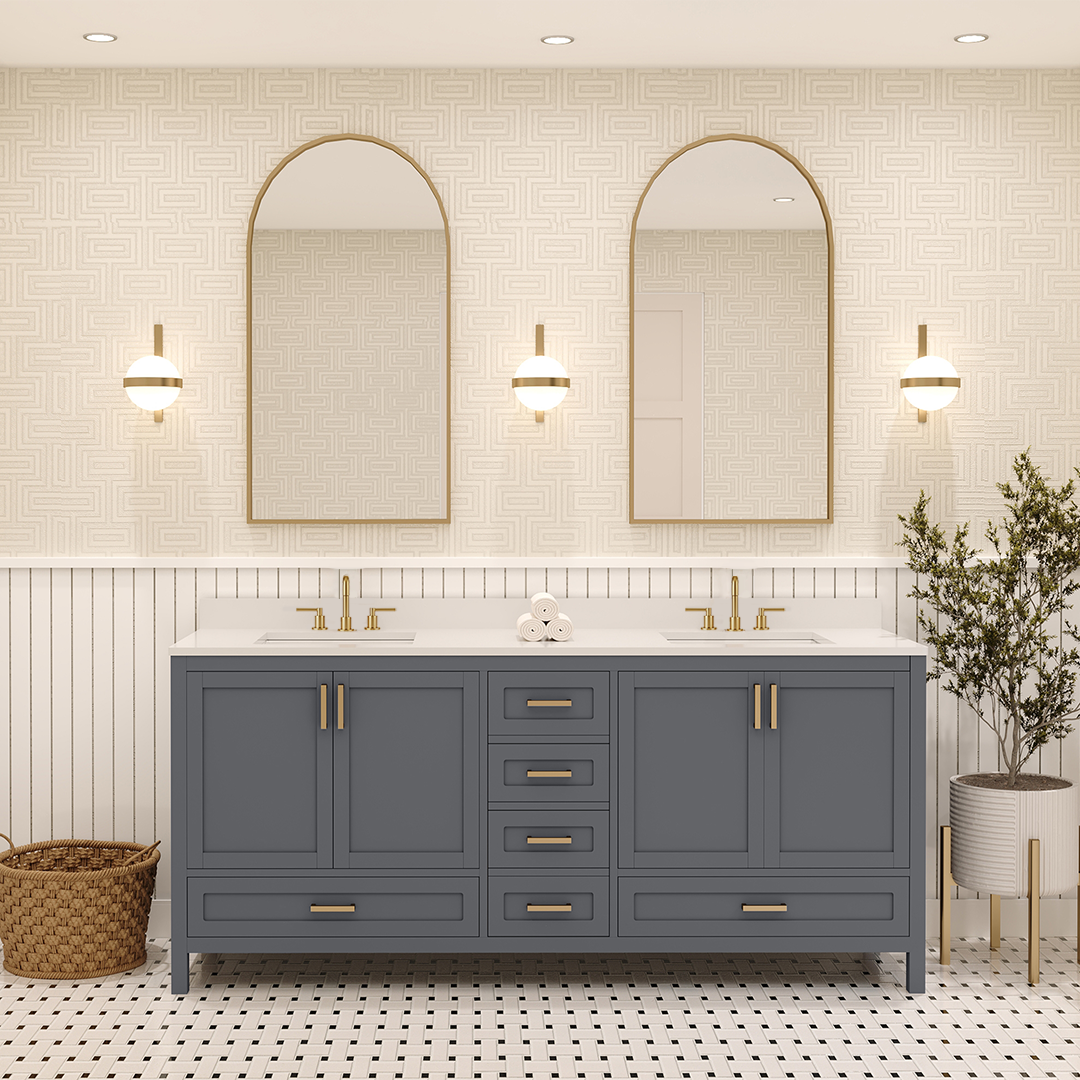 Rooh 72 Inch Solid Wood Bathroom Vanity with Undermount double Rectangle sinks & White Quartz countertop 0.75 inch edge in white