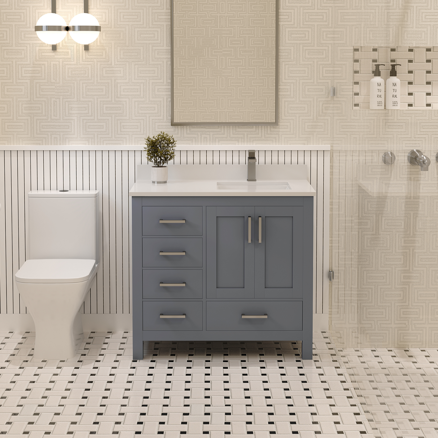 Rooh 36 Inch Right Solid Wood Single Bathroom Vanity with Quartz Countertop
