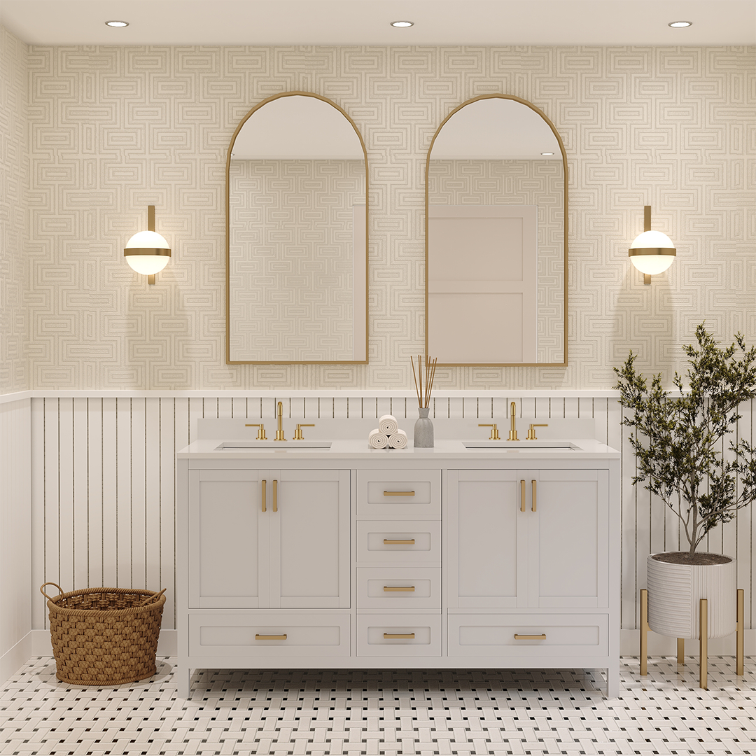 Rooh 60 Inch Solid Wood Bathroom Vanity with Undermount double Rectangle sinks & White Quartz countertop 0.75 inch edge in white