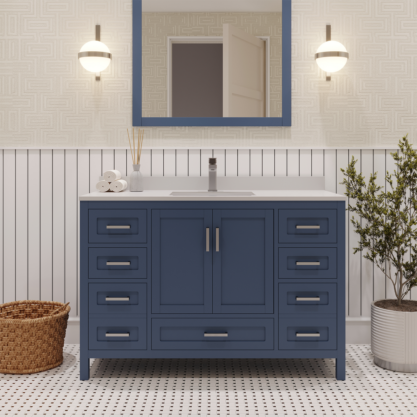 Rooh 48 Inch Solid Wood Bathroom Vanity with Undermount single Rectangle sink & White Quartz countertop 0.75 inch edge in white