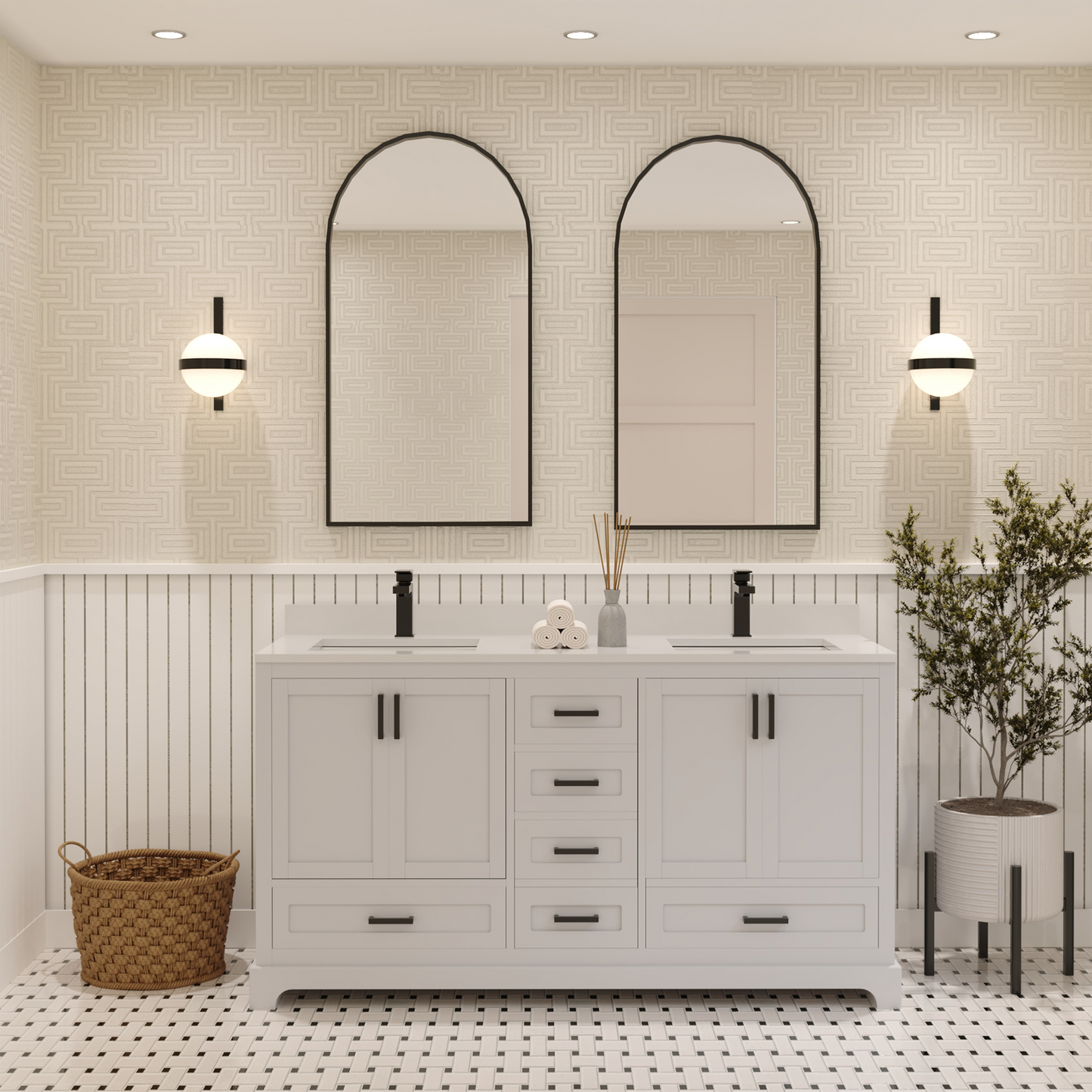 Maya 60 Inch Solid Wood Double Bathroom Vanity with Quartz Countertop