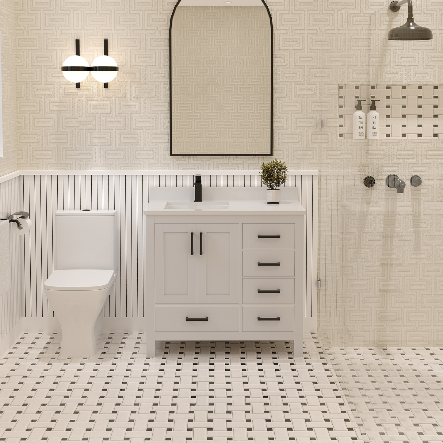 Rooh 36 Inch Left Solid Wood Single Bathroom Vanity with Undermount single Rectangle sink & White Quartz countertop 0.75 inch edge in white