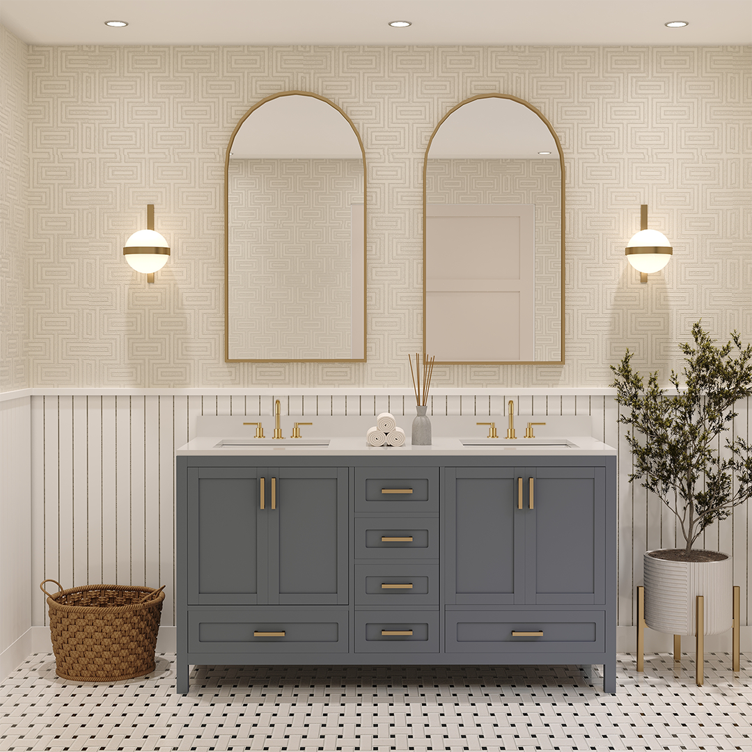 Rooh 60 Inch Solid Wood Bathroom Vanity with Undermount double Rectangle sinks & White Quartz countertop 0.75 inch edge in white