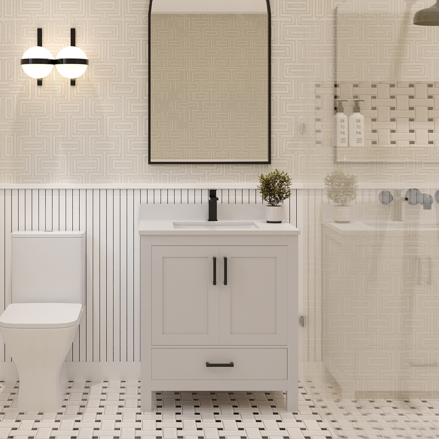 Rooh 30 Inch Solid Wood Bathroom Vanity with Undermount single Rectangle sink & White Quartz countertop 0.75 inch edge in white