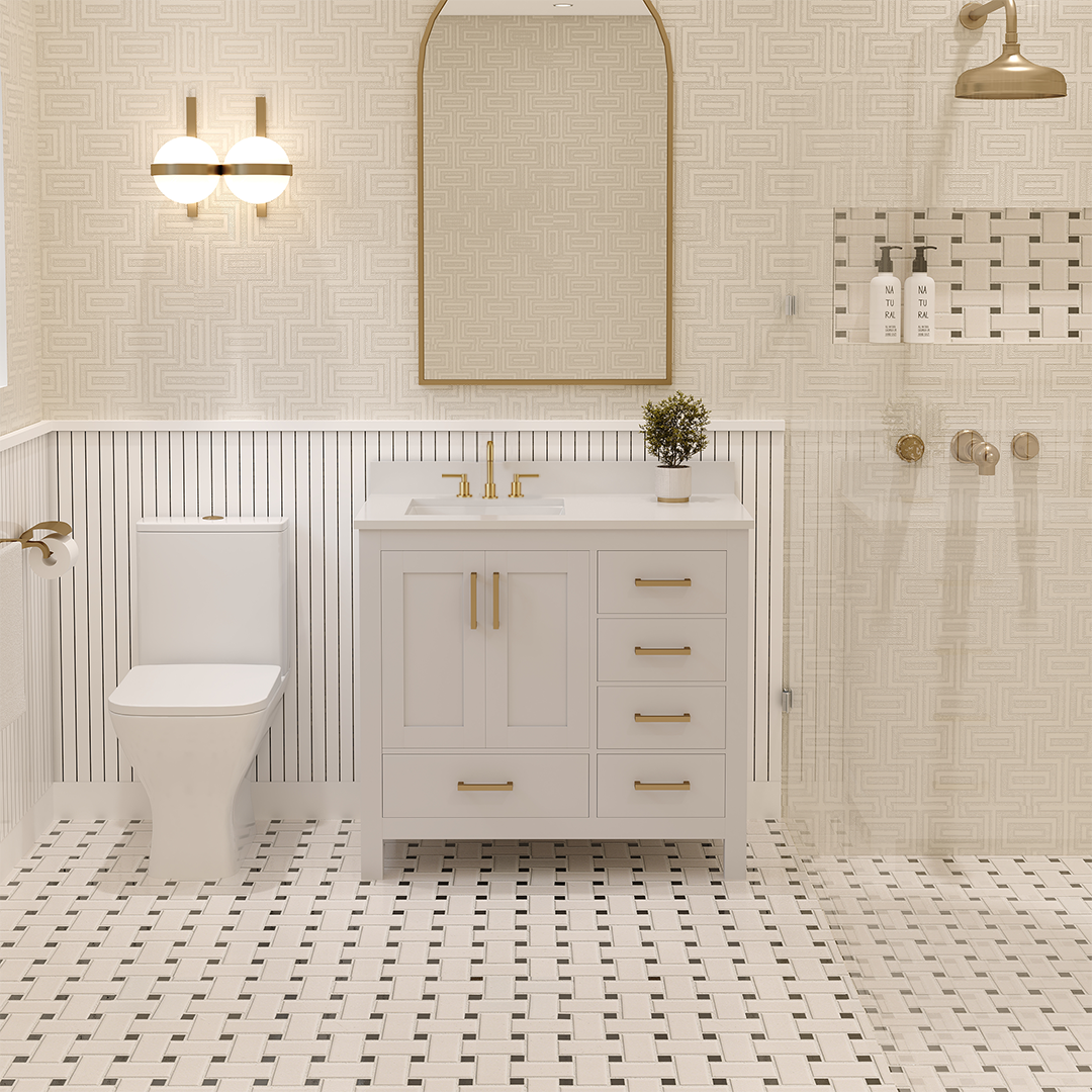 Rooh 36 Inch Left Solid Wood Single Bathroom Vanity with Undermount single Rectangle sink & White Quartz countertop 0.75 inch edge in white