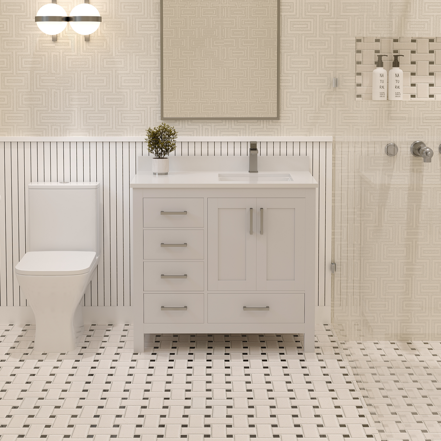 Rooh 36 Inch Right Solid Wood Single Bathroom Vanity with Quartz Countertop