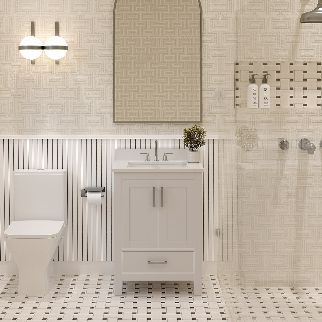 Rooh 24 Inch Solid Wood Bathroom Vanity with Undermount single Rectangle sink & White Quartz countertop 0.75 inch edge in white