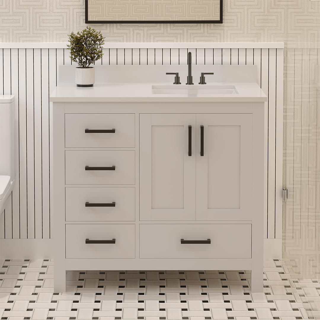 Rooh 36 Inch Right Solid Wood Single Bathroom Vanity with Undermount single Rectangle sink & White Quartz countertop 0.75 inch edge in white