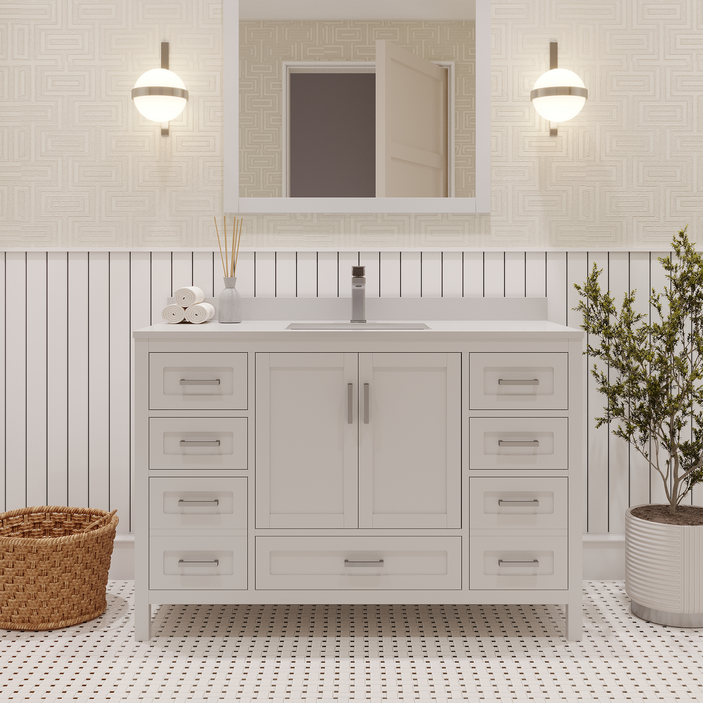 Rooh 48 Inch Solid Wood Bathroom Vanity with Undermount single Rectangle sink & White Quartz countertop 0.75 inch edge in white