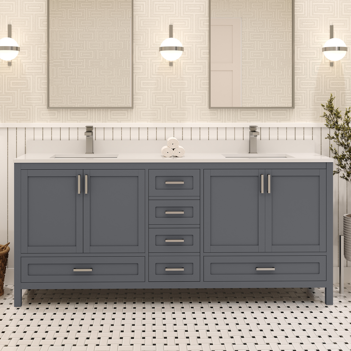 Rooh 72 Inch Solid Wood Bathroom Vanity with Undermount double Rectangle sinks & White Quartz countertop 0.75 inch edge in white