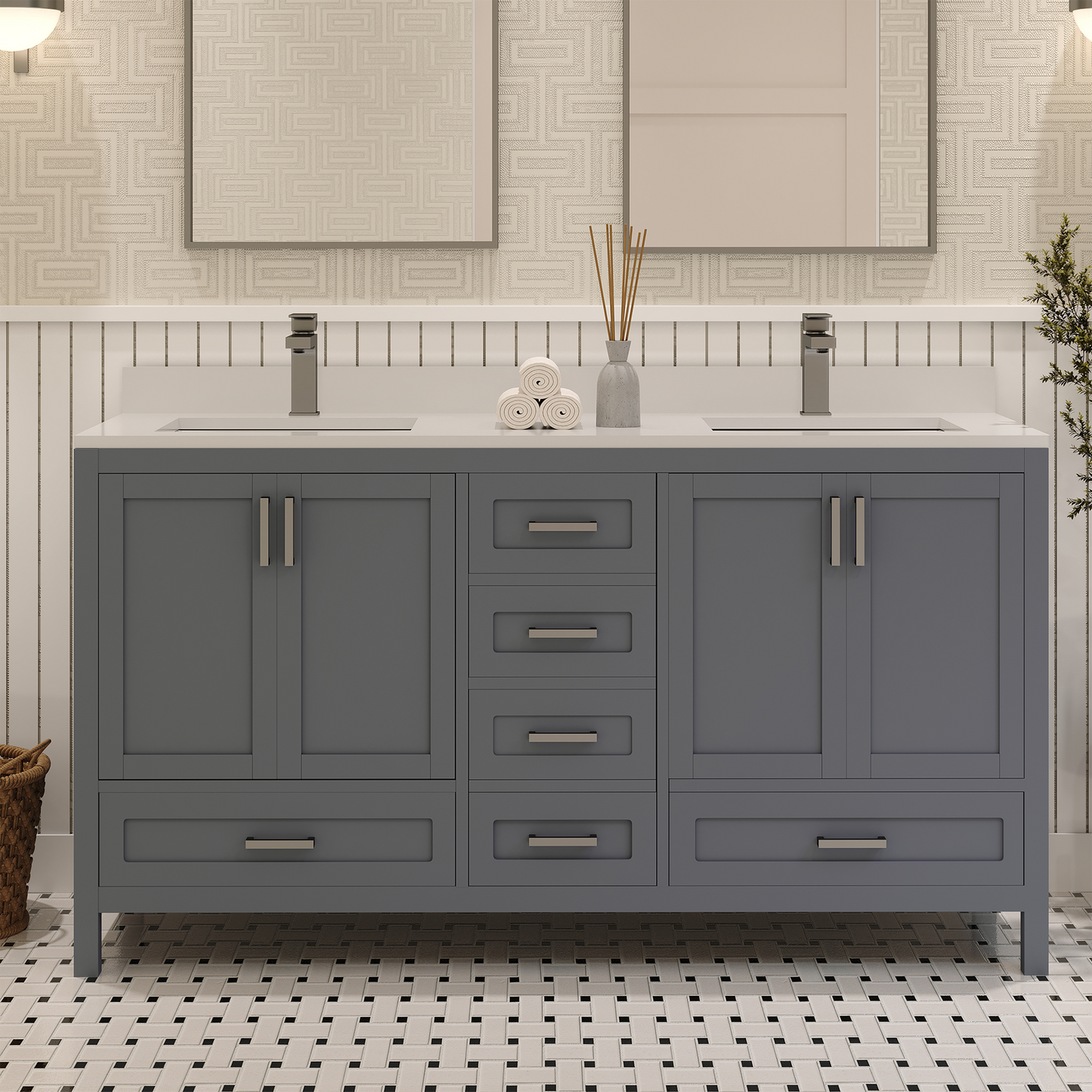 Rooh 60 Inch Solid Wood Bathroom Vanity with Undermount double Rectangle sinks & White Quartz countertop 0.75 inch edge in white