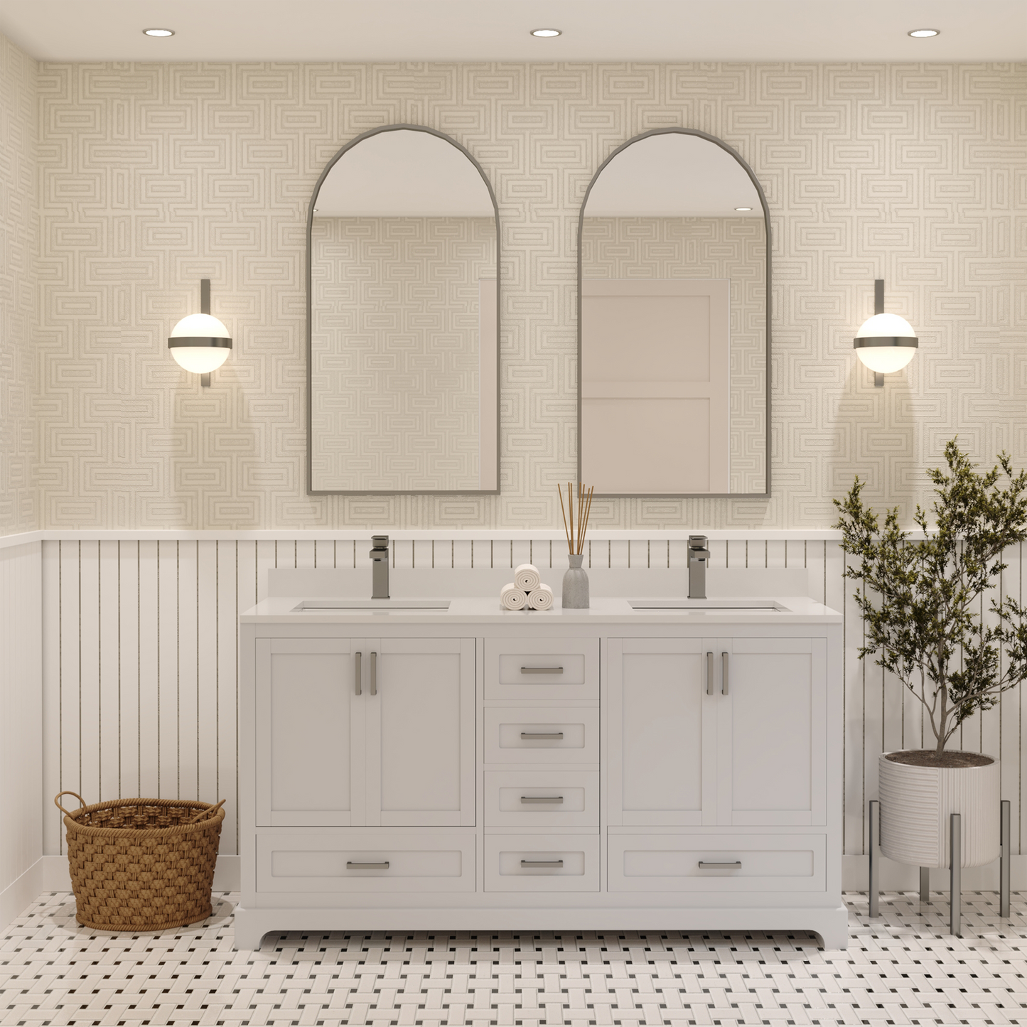 Maya 60 Inch Solid Wood Double Bathroom Vanity with Quartz Countertop