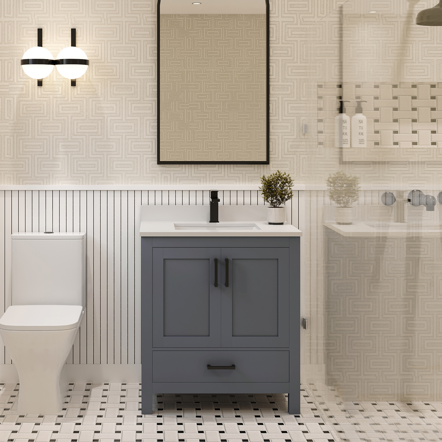 Rooh 30 Inch Solid Wood Bathroom Vanity with Undermount single Rectangle sink & White Quartz countertop 0.75 inch edge in white