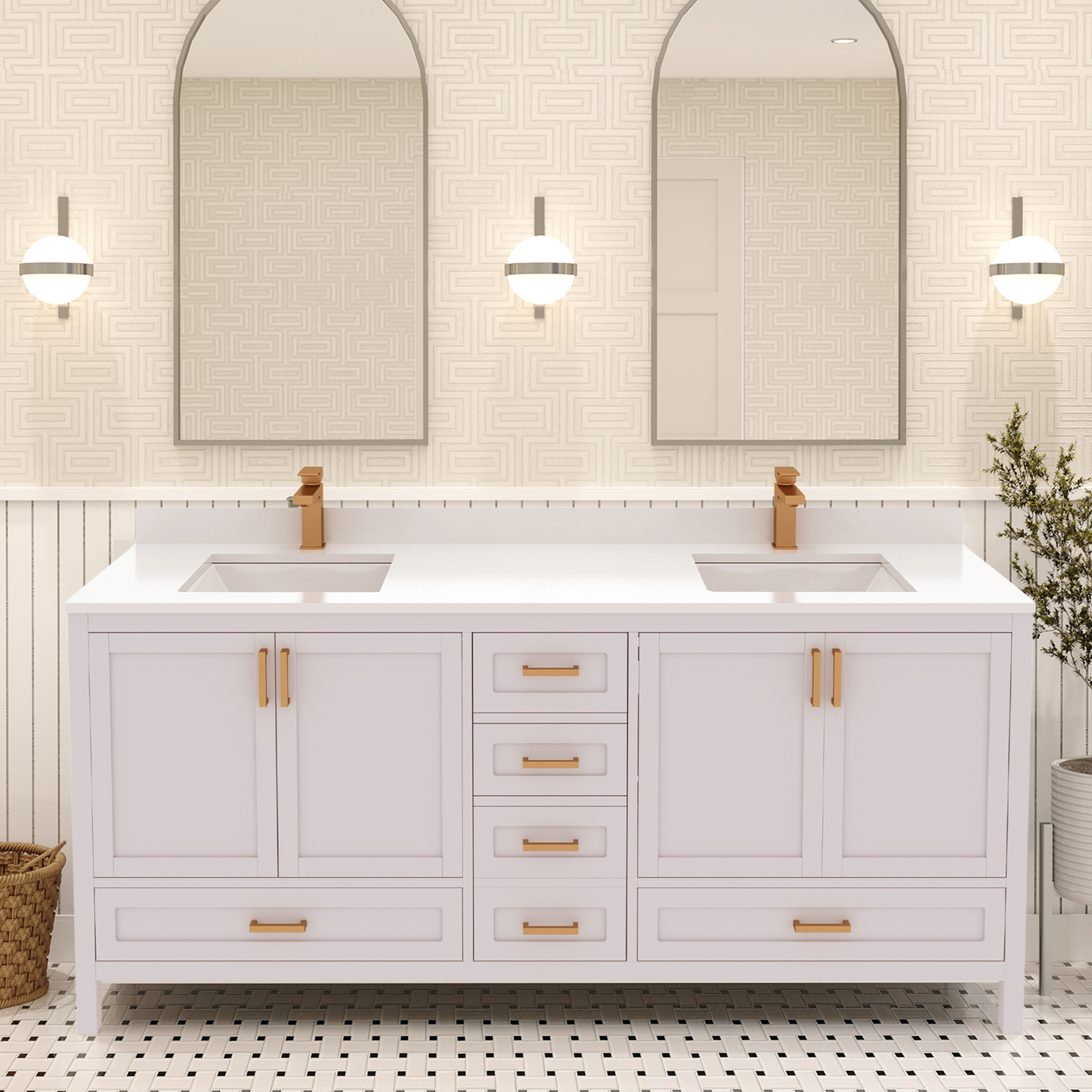 Rooh 72 Inch Solid Wood Bathroom Vanity with Undermount double Rectangle sinks & White Quartz countertop 0.75 inch edge in white