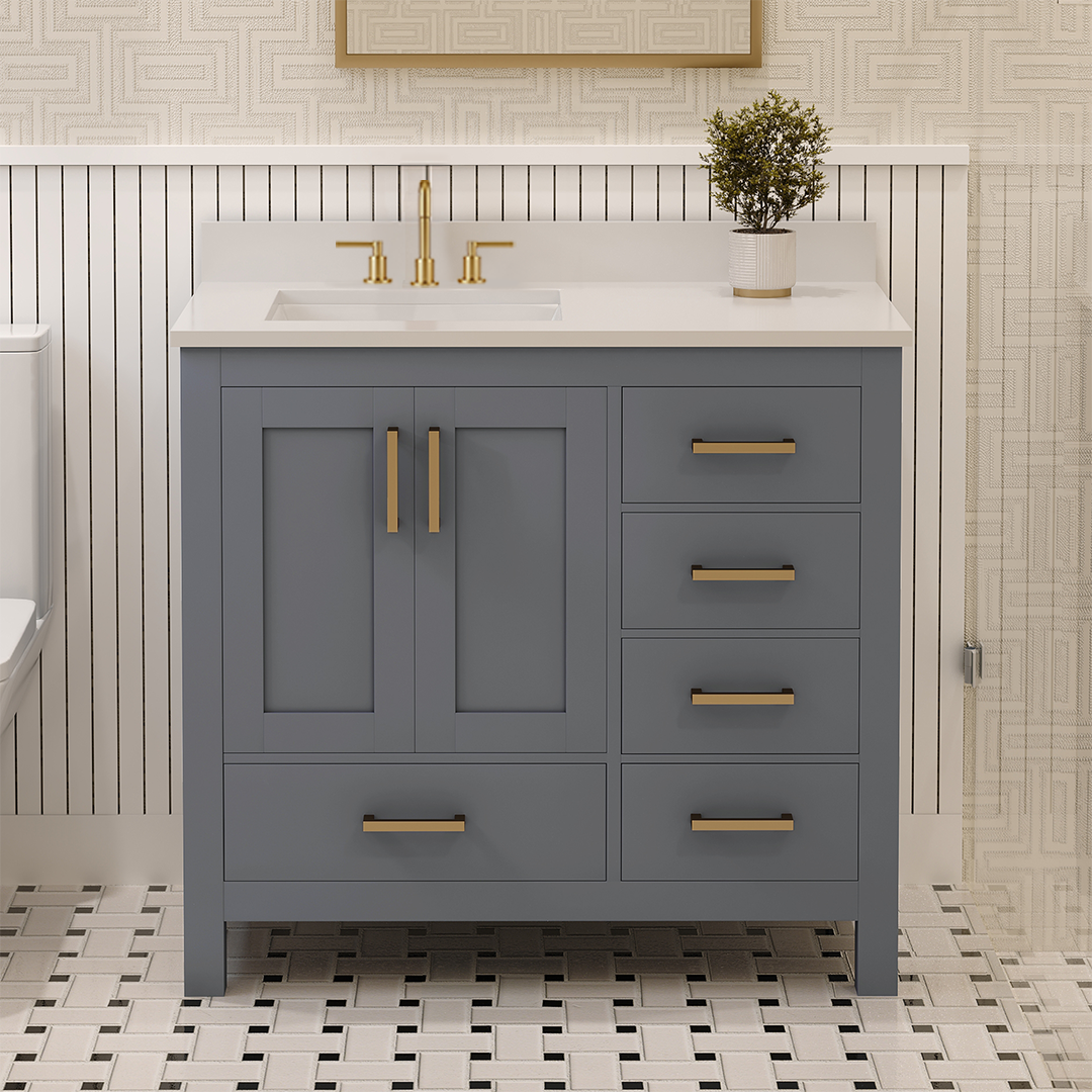 Rooh 36 Inch Left Solid Wood Single Bathroom Vanity with Undermount single Rectangle sink & White Quartz countertop 0.75 inch edge in white