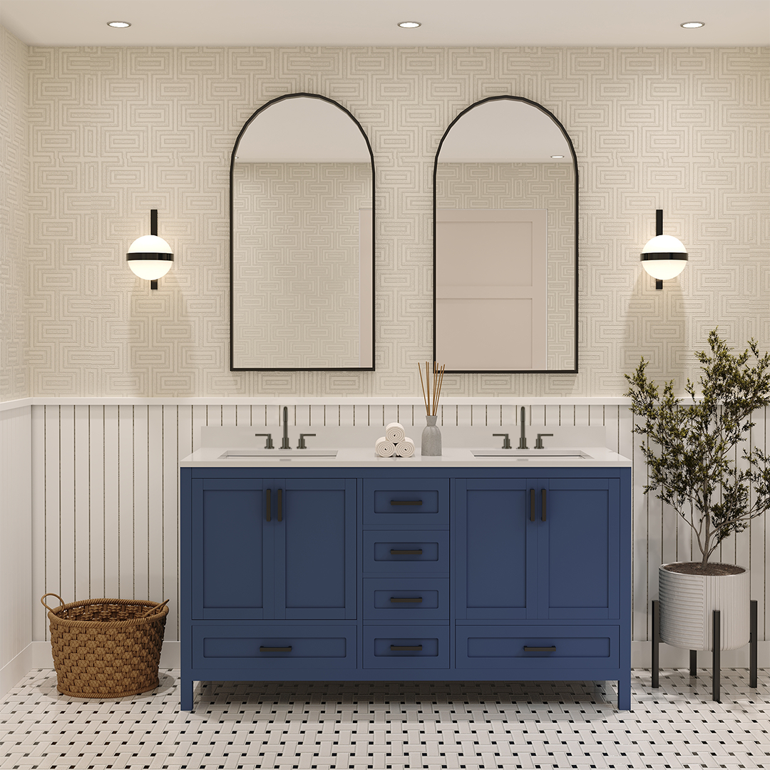 Rooh 60 Inch Solid Wood Bathroom Vanity with Undermount double Rectangle sinks & White Quartz countertop 0.75 inch edge in white