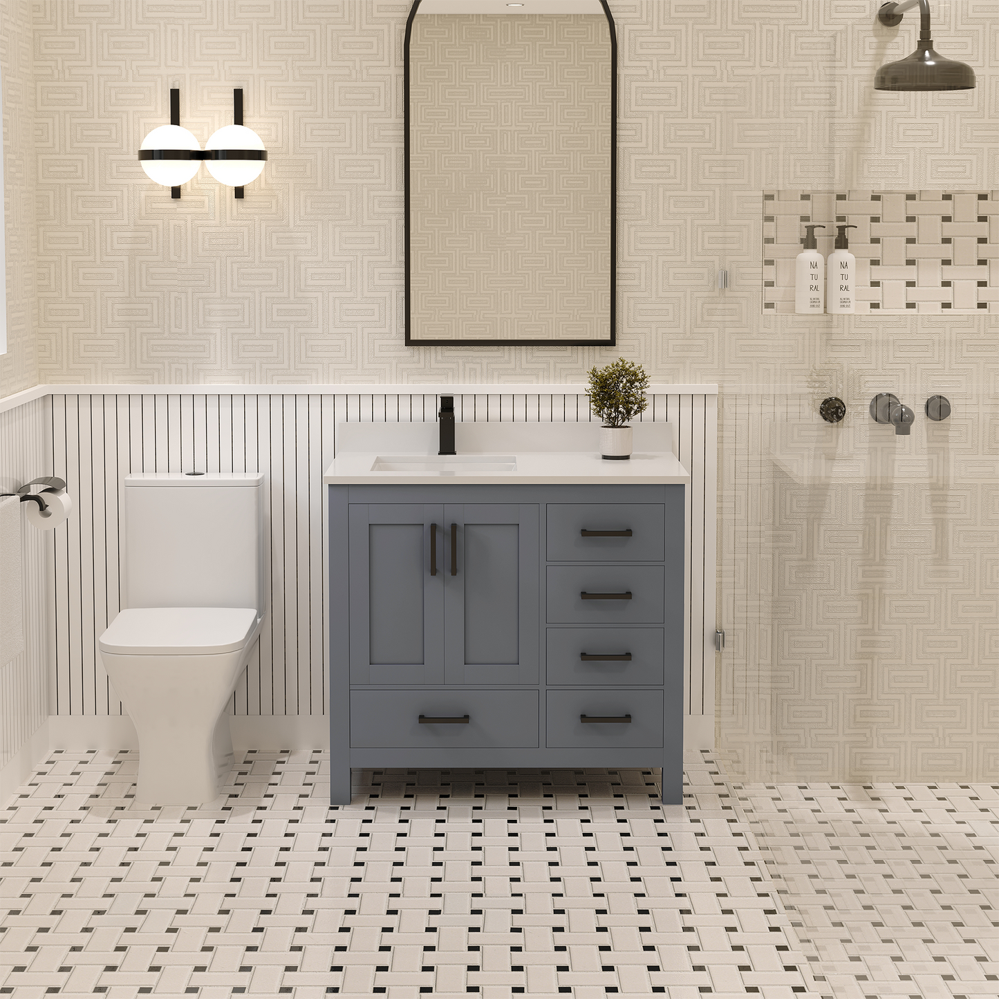 Rooh 36 Inch Left Solid Wood Single Bathroom Vanity with Undermount single Rectangle sink & White Quartz countertop 0.75 inch edge in white