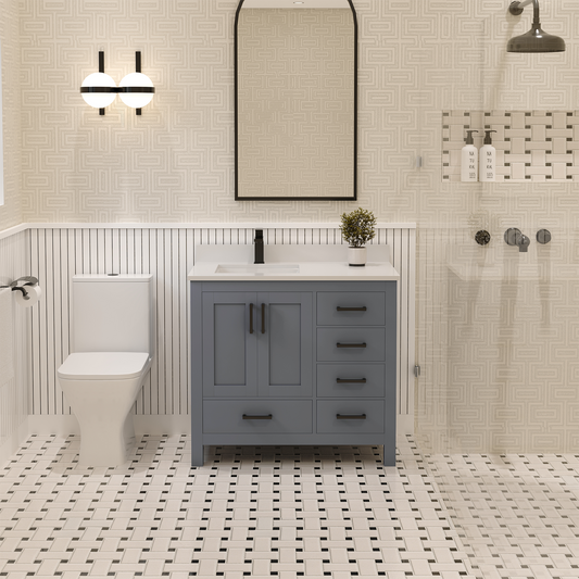 Rooh 36 Inch Left Solid Wood Single Bathroom Vanity with Undermount single Rectangle sink & White Quartz countertop 0.75 inch edge in white