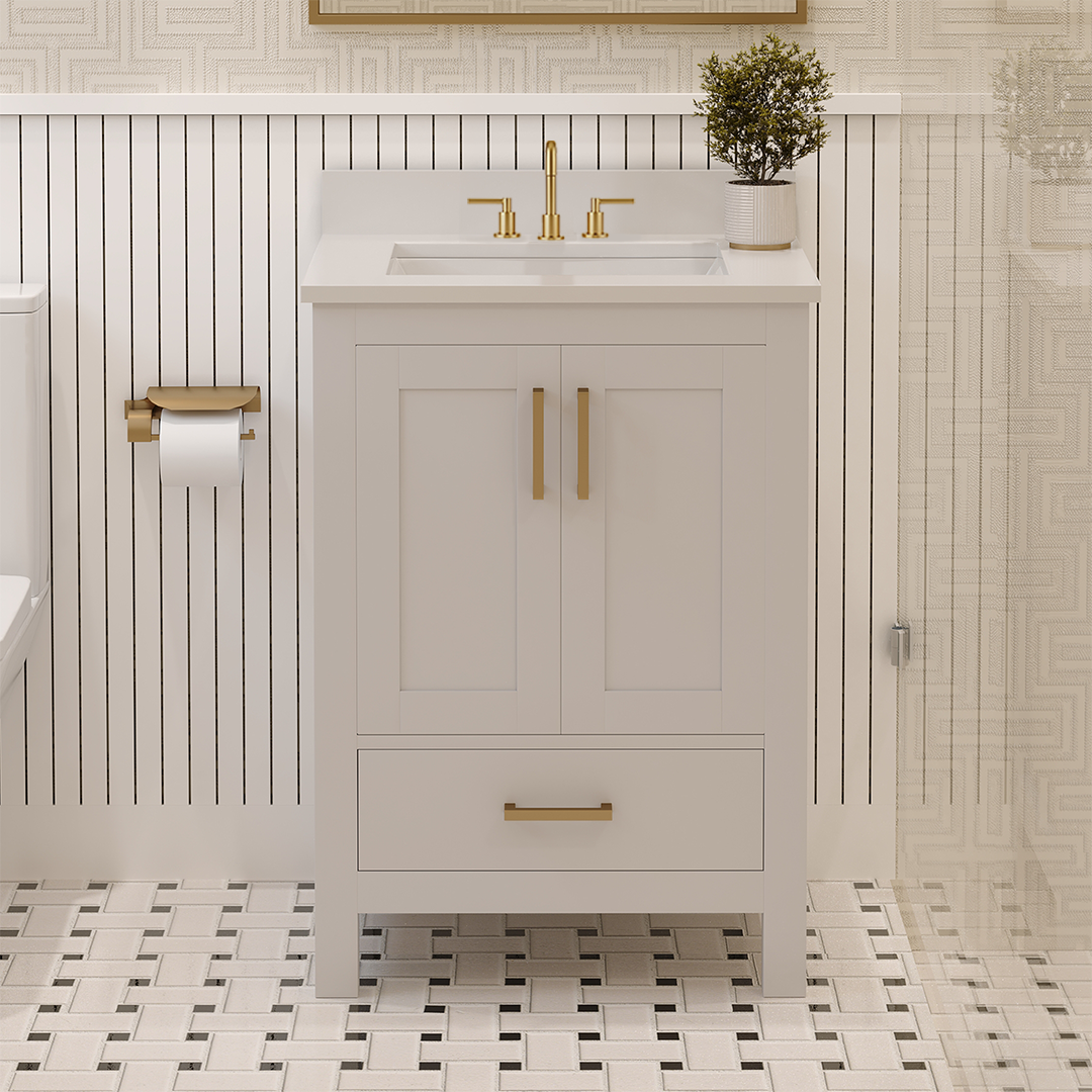 Rooh 24 Inch Solid Wood Bathroom Vanity with Undermount single Rectangle sink & White Quartz countertop 0.75 inch edge in white