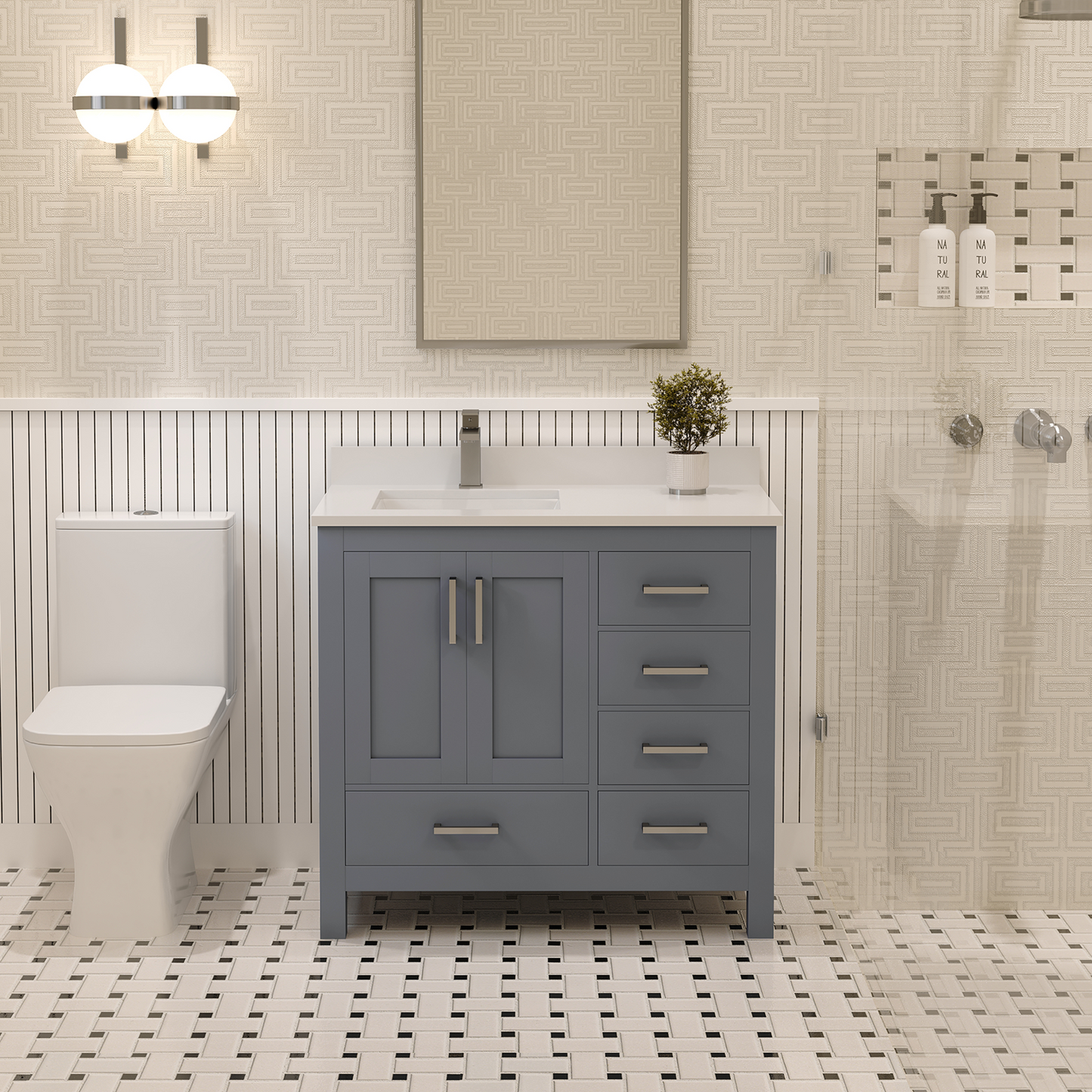 Rooh 36 Inch Left Solid Wood Single Bathroom Vanity with Undermount single Rectangle sink & White Quartz countertop 0.75 inch edge in white