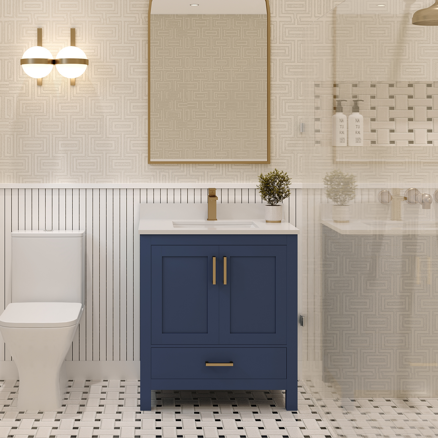 Rooh 30 Inch Solid Wood Bathroom Vanity with Undermount single Rectangle sink & White Quartz countertop 0.75 inch edge in white