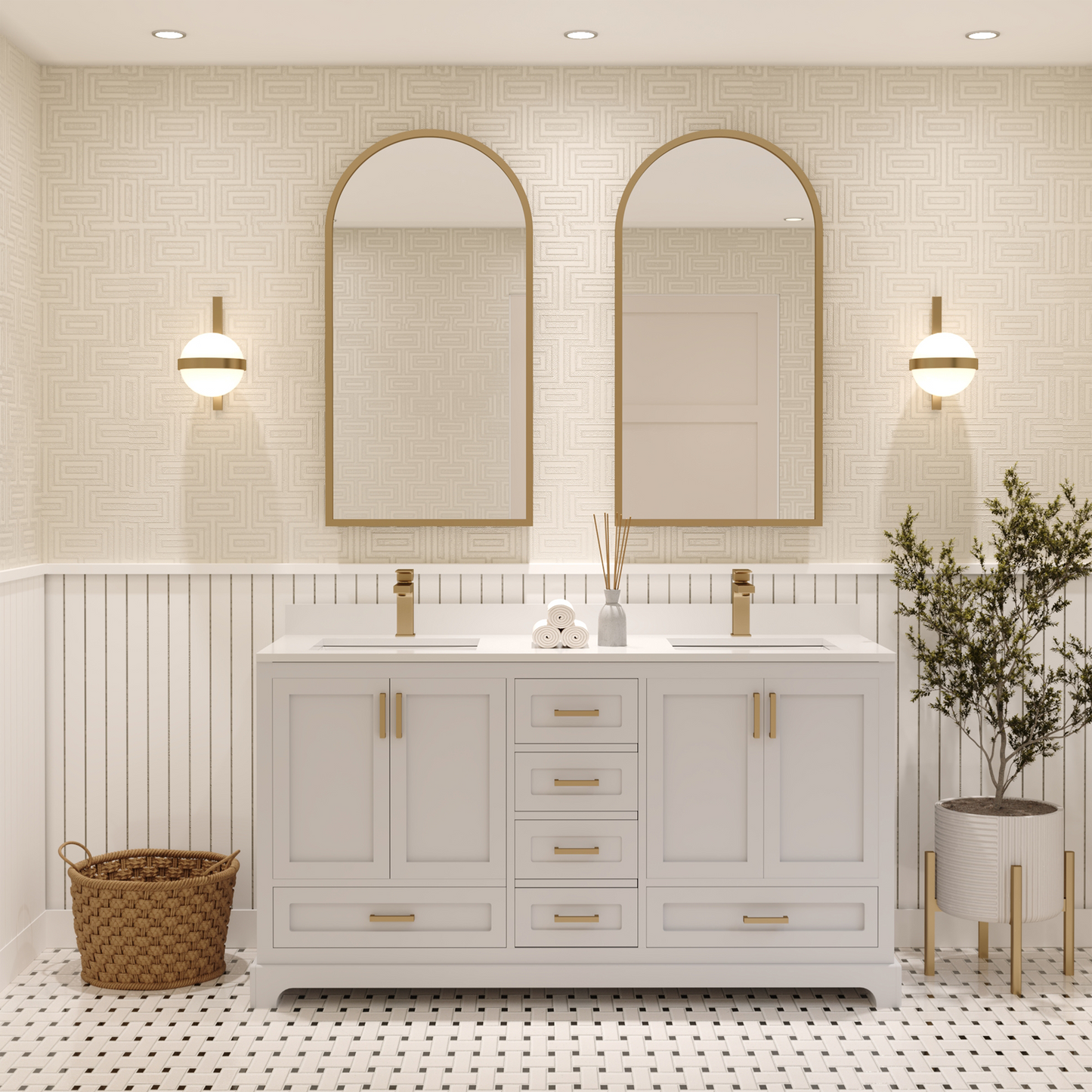 Maya 60 Inch Solid Wood Double Bathroom Vanity with Quartz Countertop