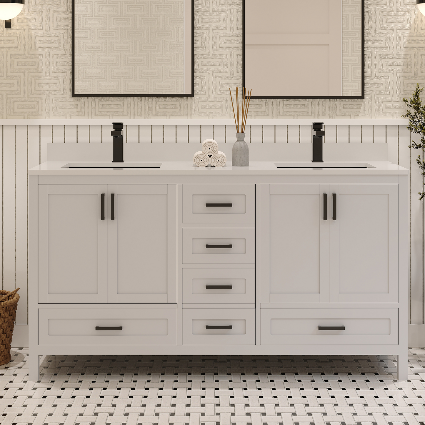 Rooh 60 Inch Solid Wood Bathroom Vanity with Undermount double Rectangle sinks & White Quartz countertop 0.75 inch edge in white