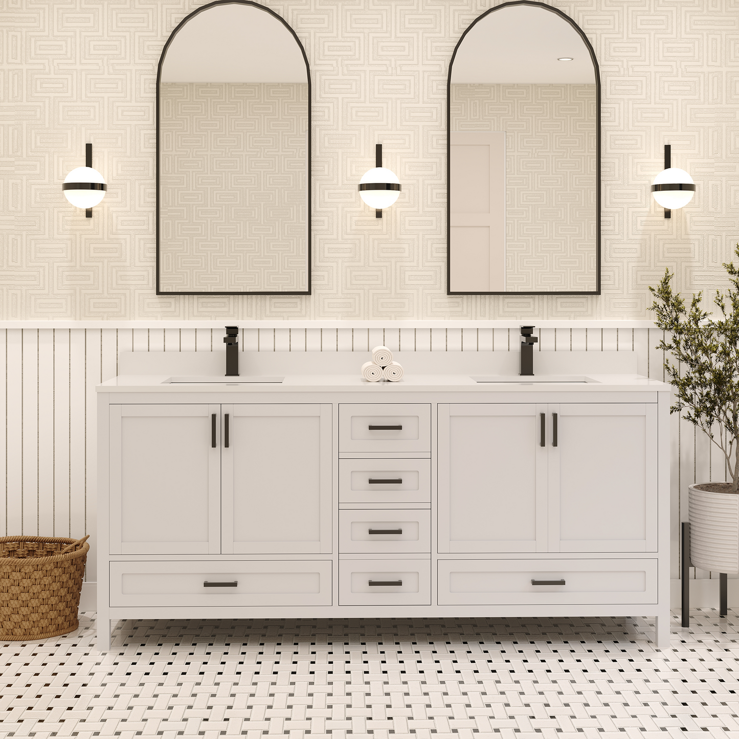 Rooh 72 Inch Solid Wood Bathroom Vanity with Undermount double Rectangle sinks & White Quartz countertop 0.75 inch edge in white