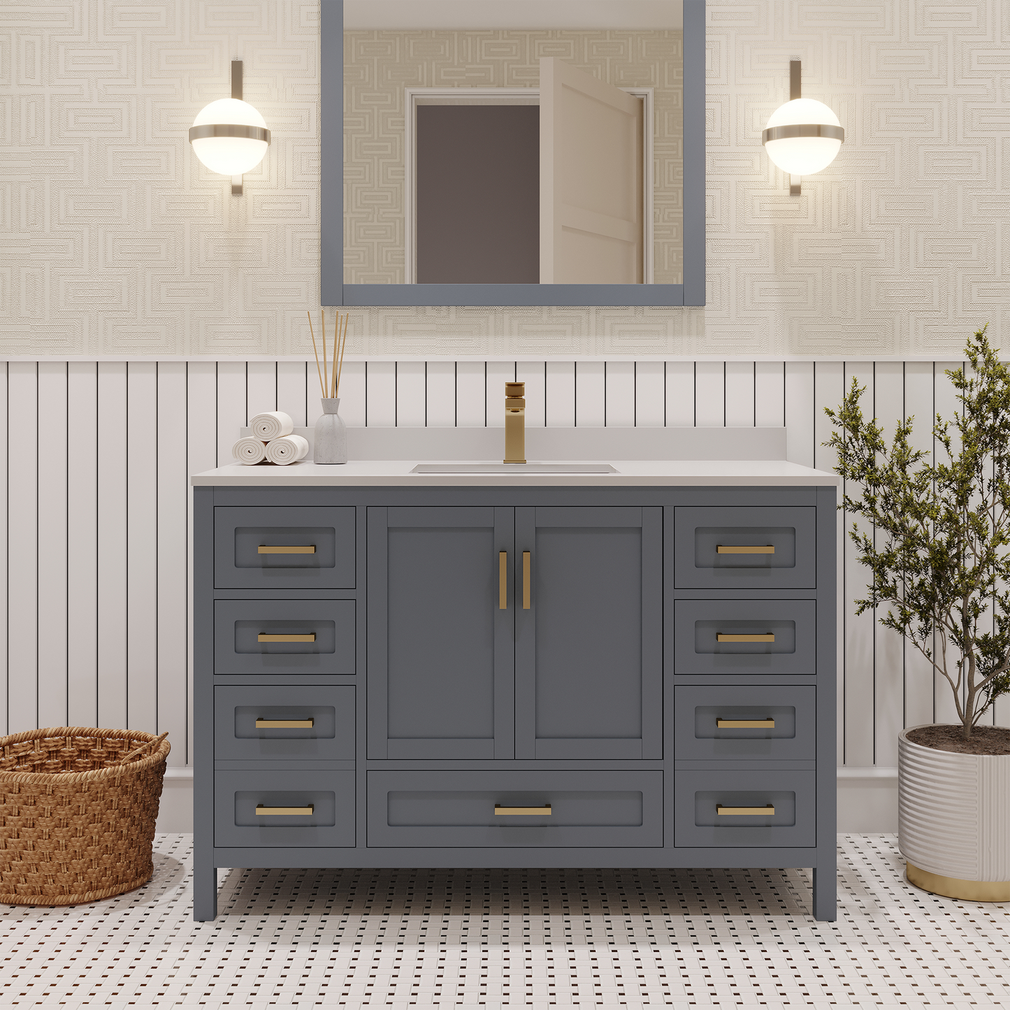 Rooh 48 Inch Solid Wood Bathroom Vanity with Undermount single Rectangle sink & White Quartz countertop 0.75 inch edge in white