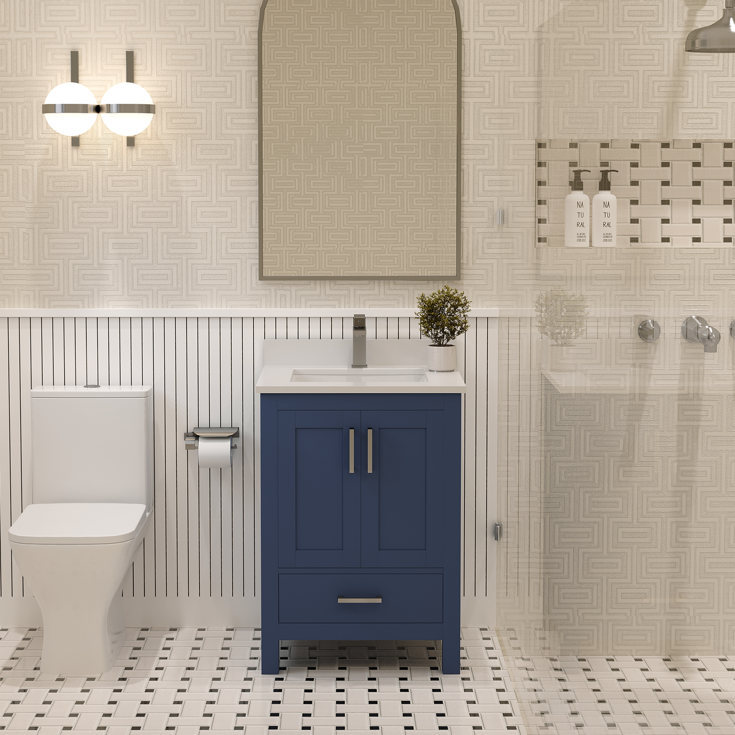 Rooh 24 Inch Solid Wood Bathroom Vanity with Undermount single Rectangle sink & White Quartz countertop 0.75 inch edge in white