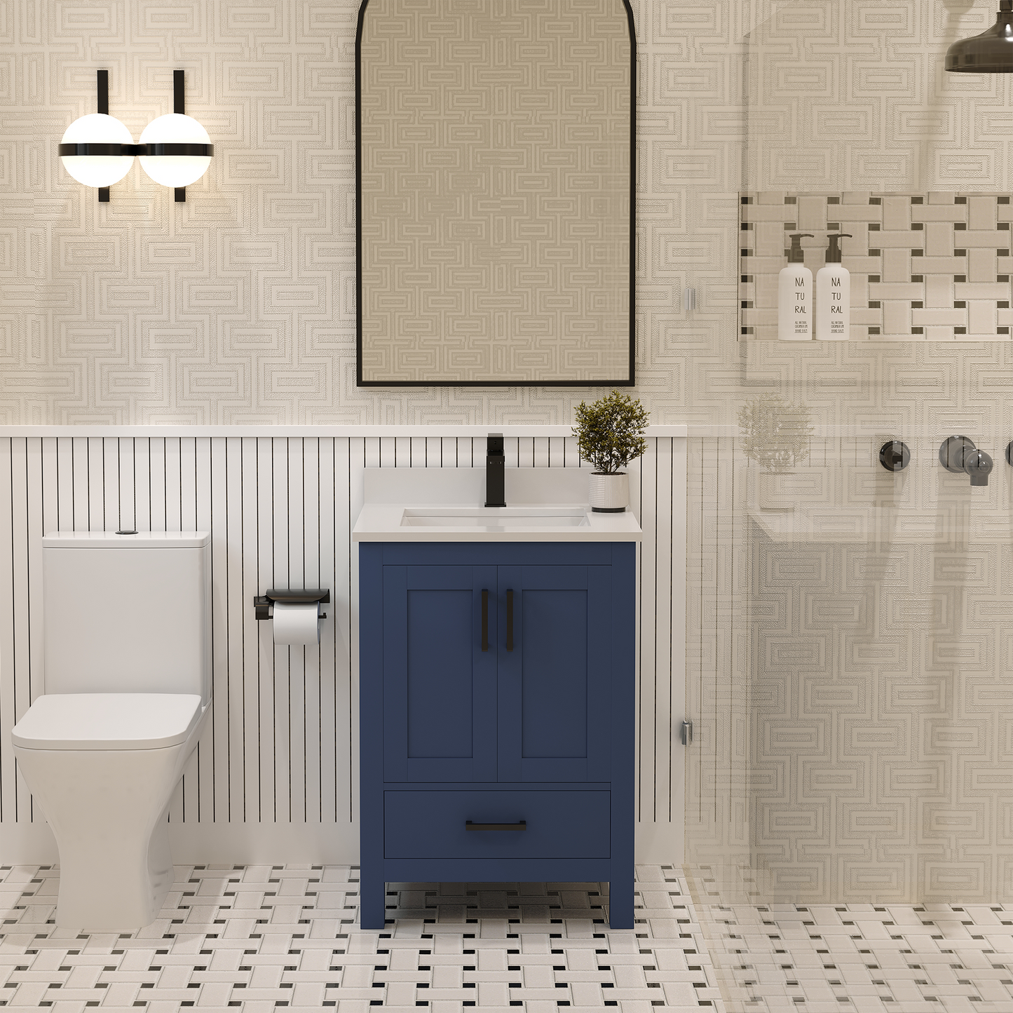 Rooh 24 Inch Solid Wood Bathroom Vanity with Undermount single Rectangle sink & White Quartz countertop 0.75 inch edge in white