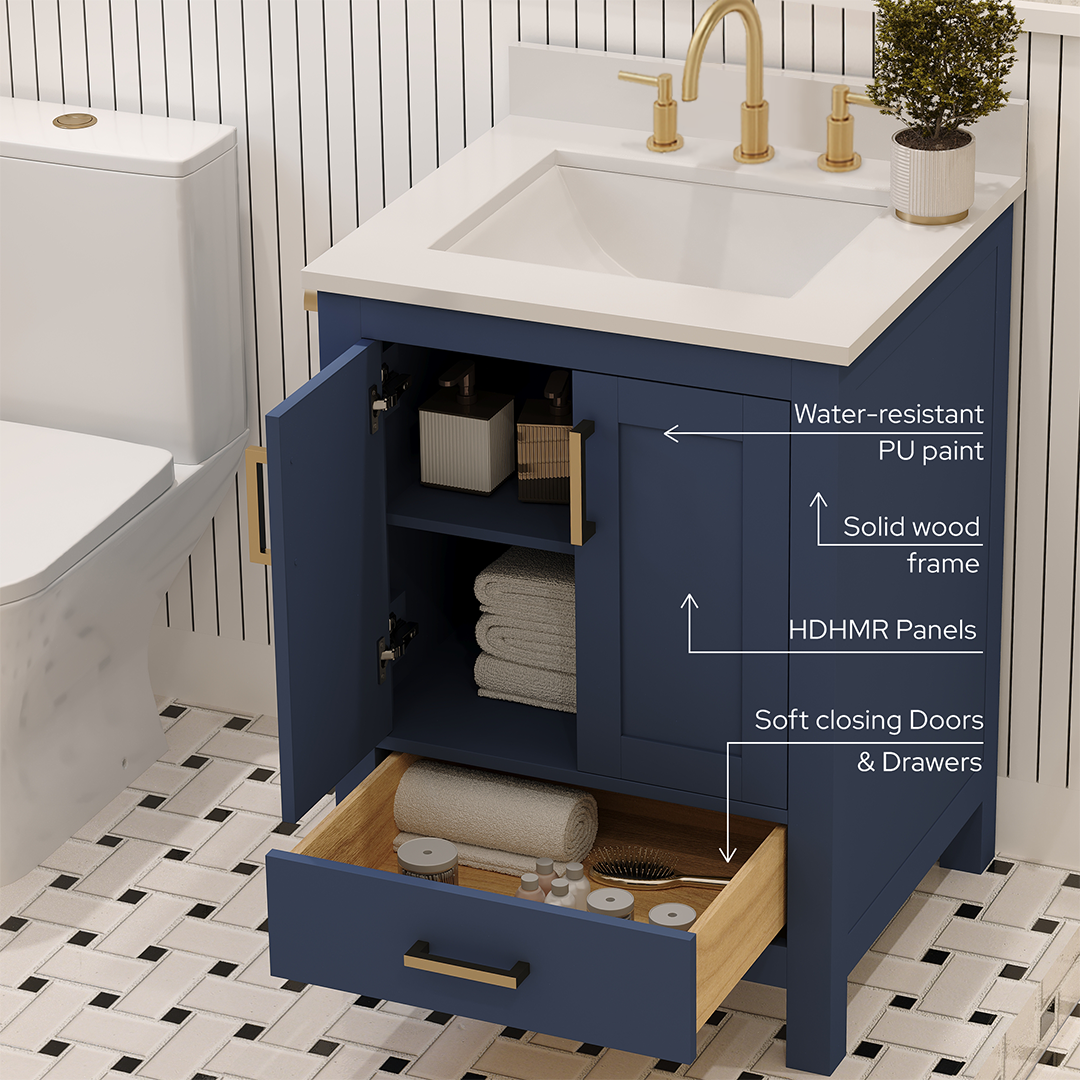 Rooh 24 Inch Solid Wood Bathroom Vanity with Undermount single Rectangle sink & White Quartz countertop 0.75 inch edge in white