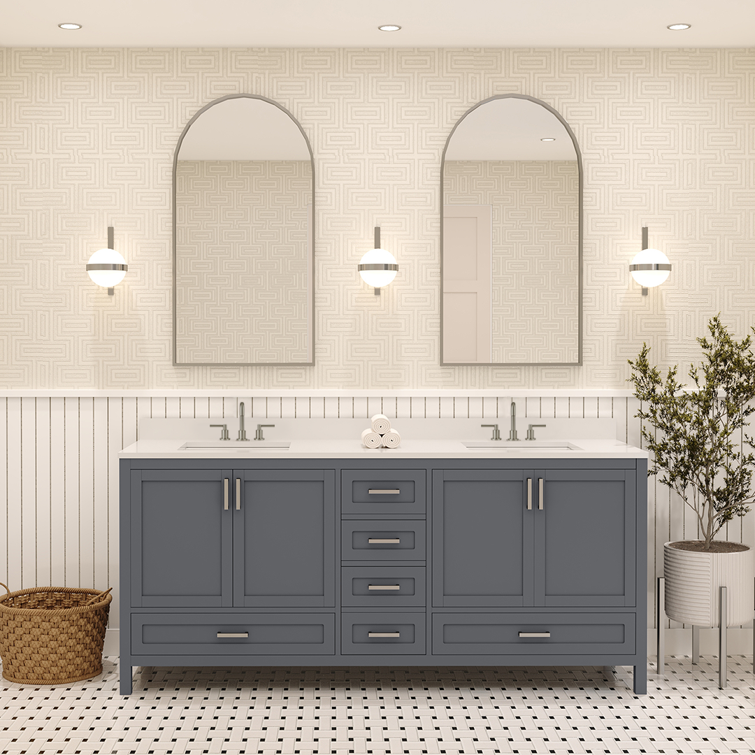 Rooh 72 Inch Solid Wood Bathroom Vanity with Undermount double Rectangle sinks & White Quartz countertop 0.75 inch edge in white