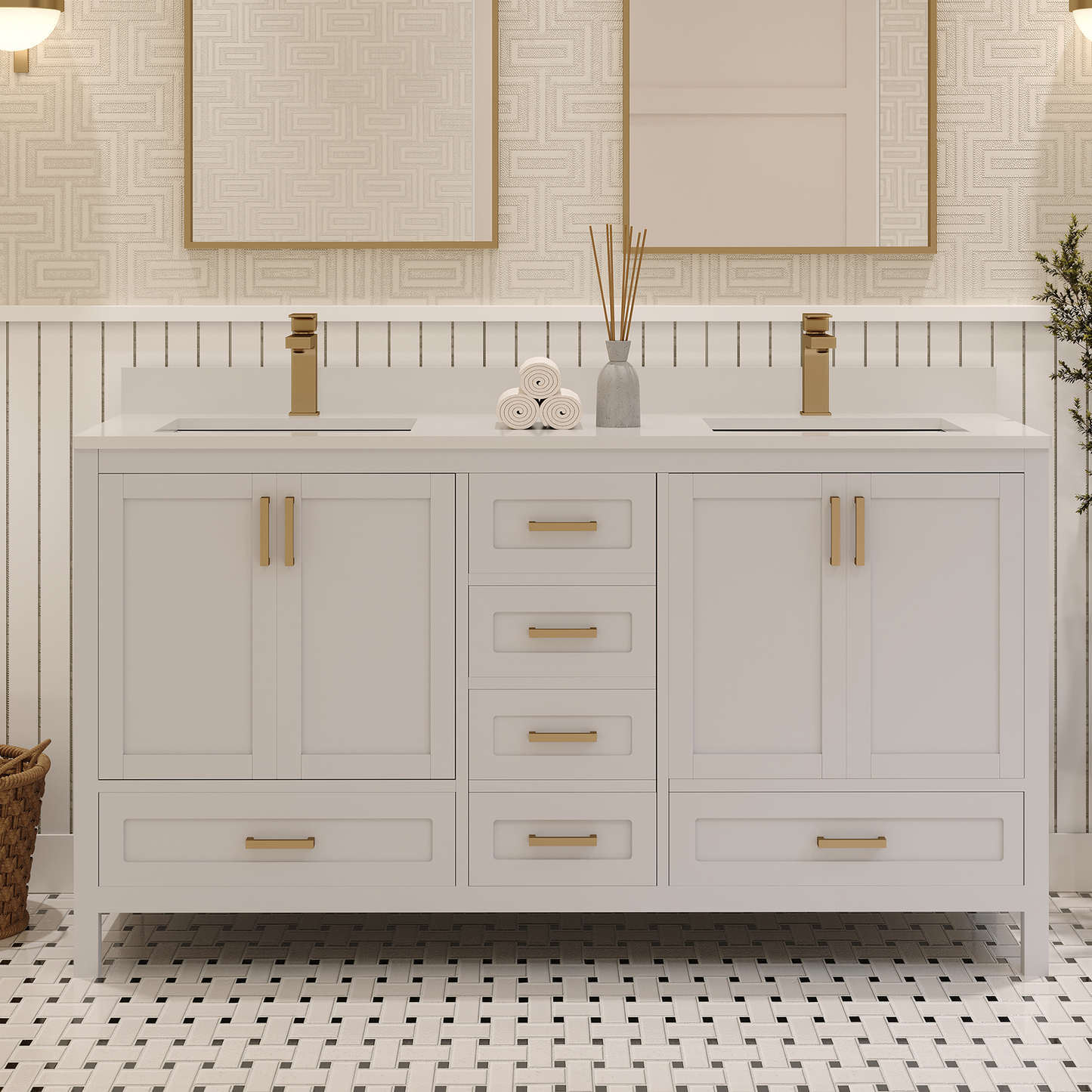 Rooh 60 Inch Solid Wood Bathroom Vanity with Undermount double Rectangle sinks & White Quartz countertop 0.75 inch edge in white