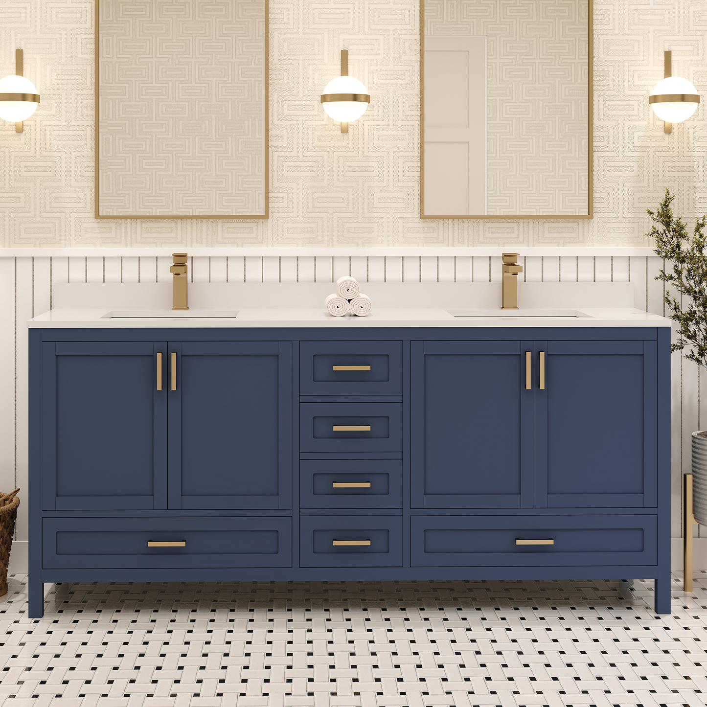 Rooh 72 Inch Solid Wood Bathroom Vanity with Undermount double Rectangle sinks & White Quartz countertop 0.75 inch edge in white